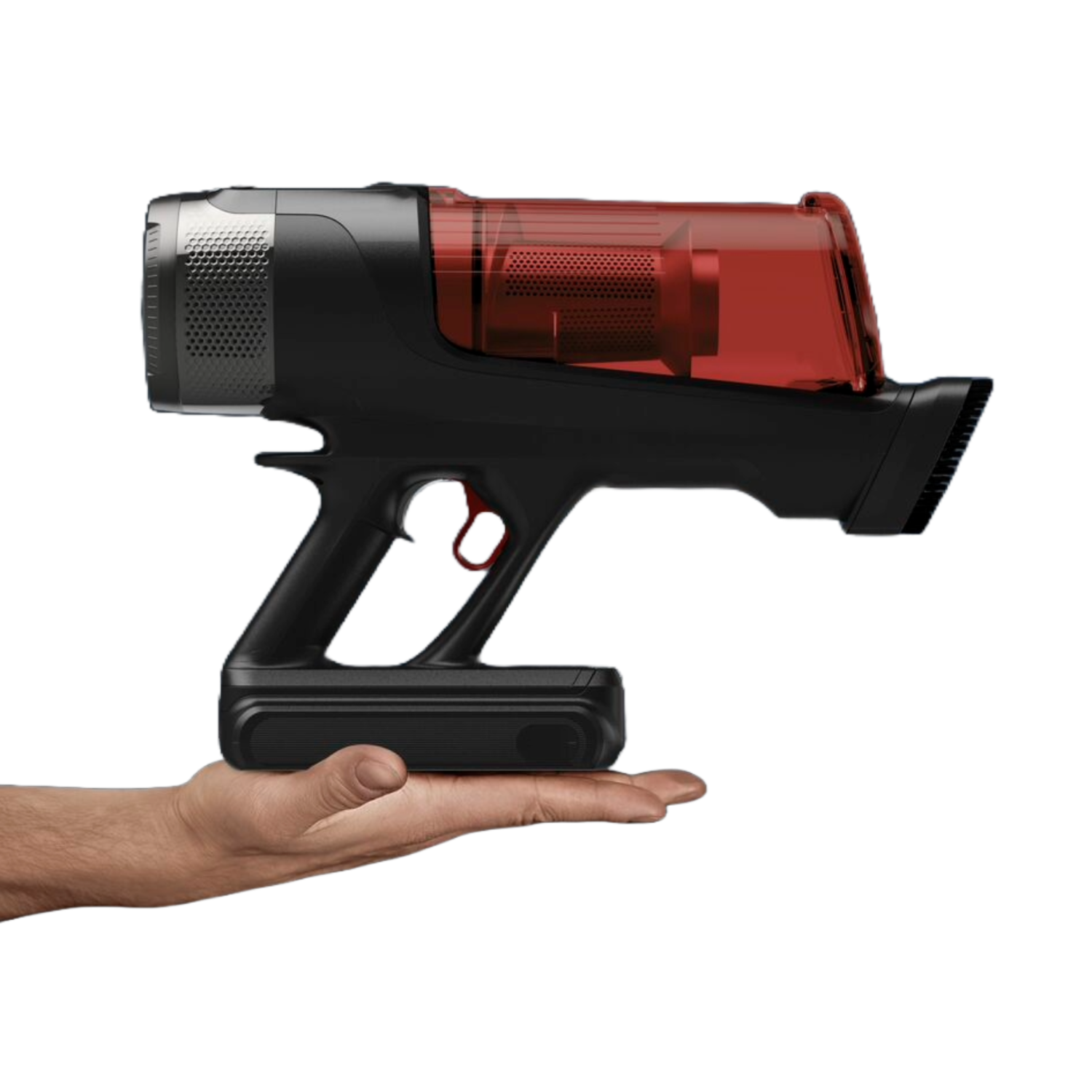Een hand die een snoerloze stofzuiger vasthoudt, zwart en rood ontwerp, op een zwarte achtergrond.