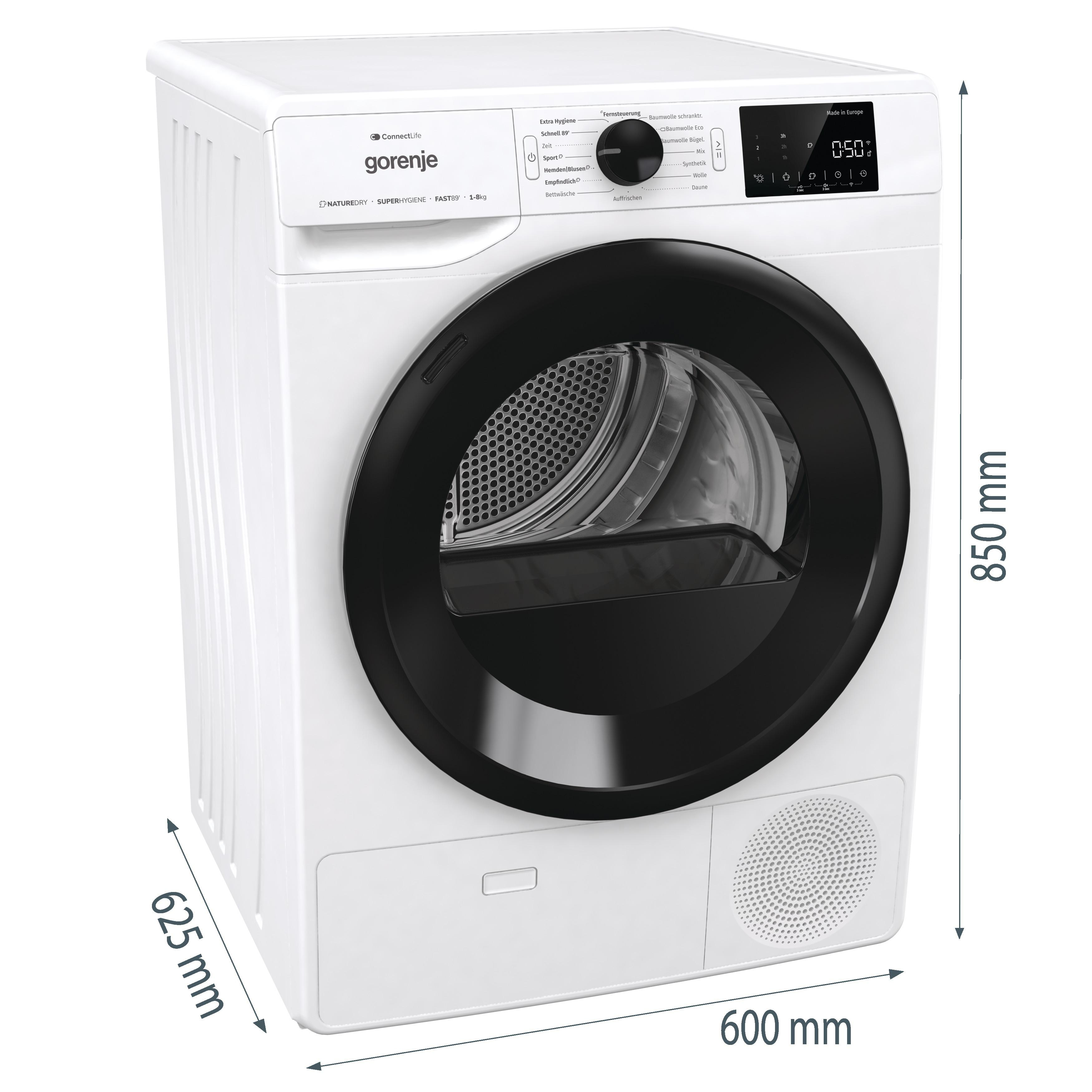 Weiße Waschmaschine mit schwarzer Tür und Maßen.