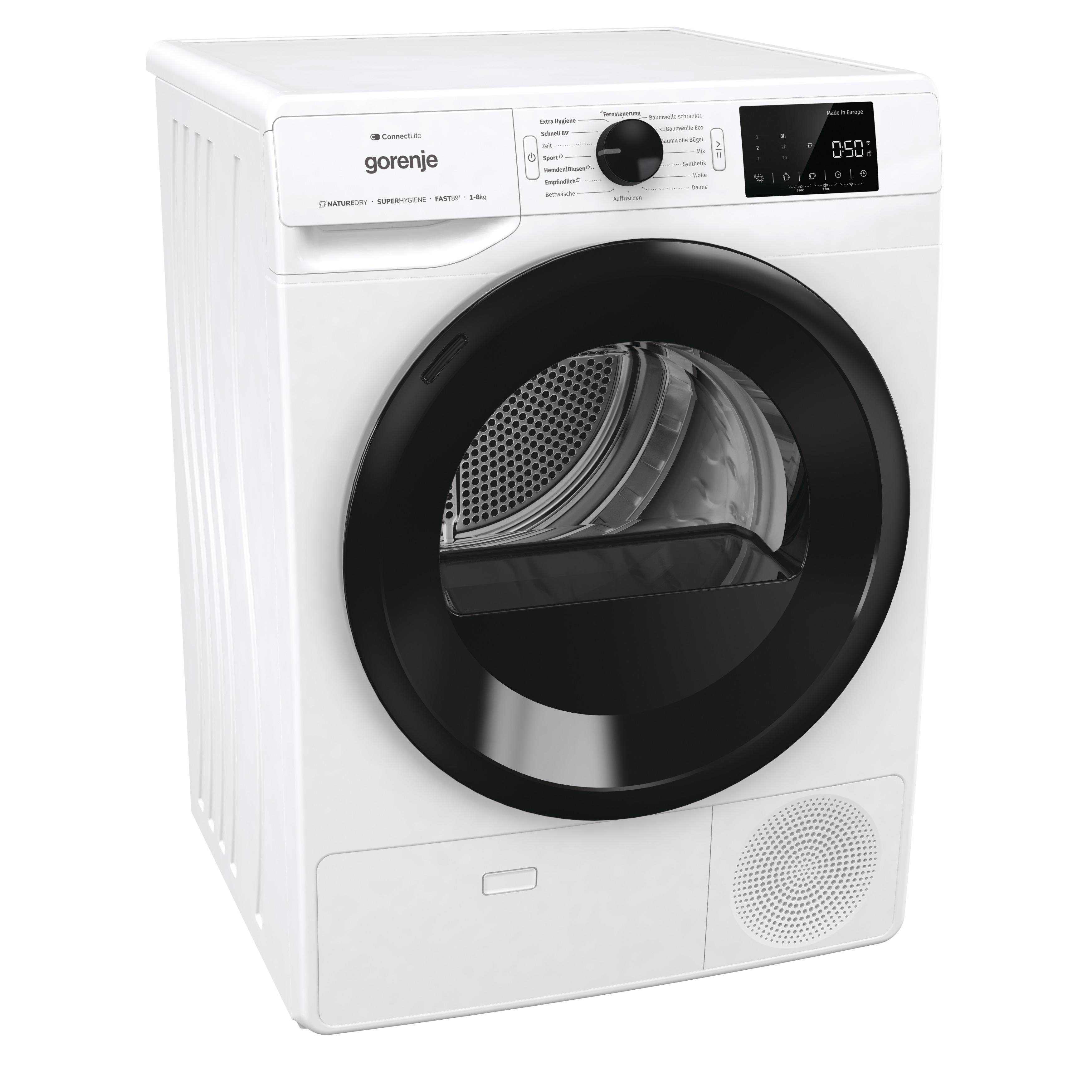Weißer Gorenje-Trockner mit schwarzer Tür und Display.