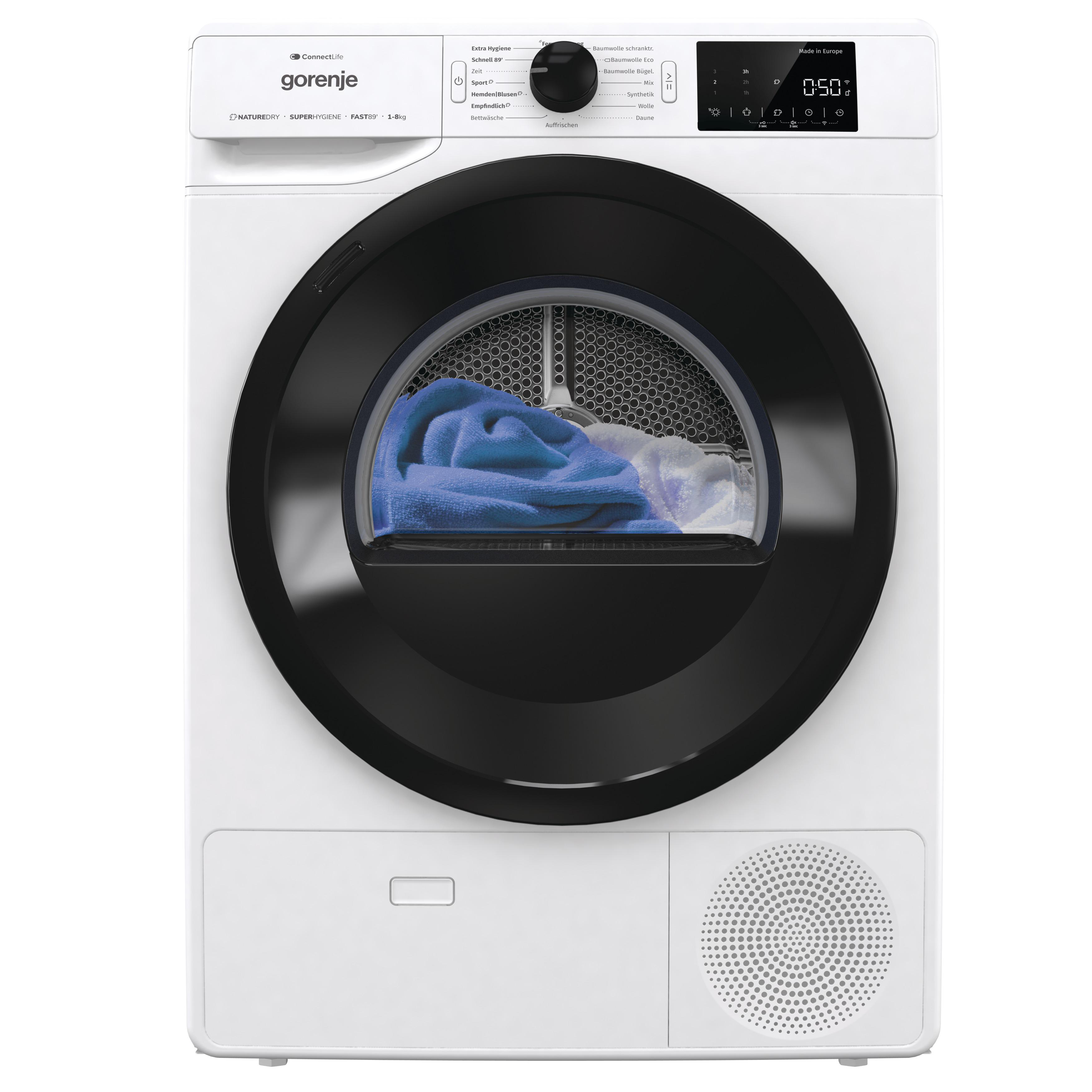 Ein weißer Gorenje Trockner mit schwarzer Tür und Bedienfeld, mit blauem Stoff im Inneren.