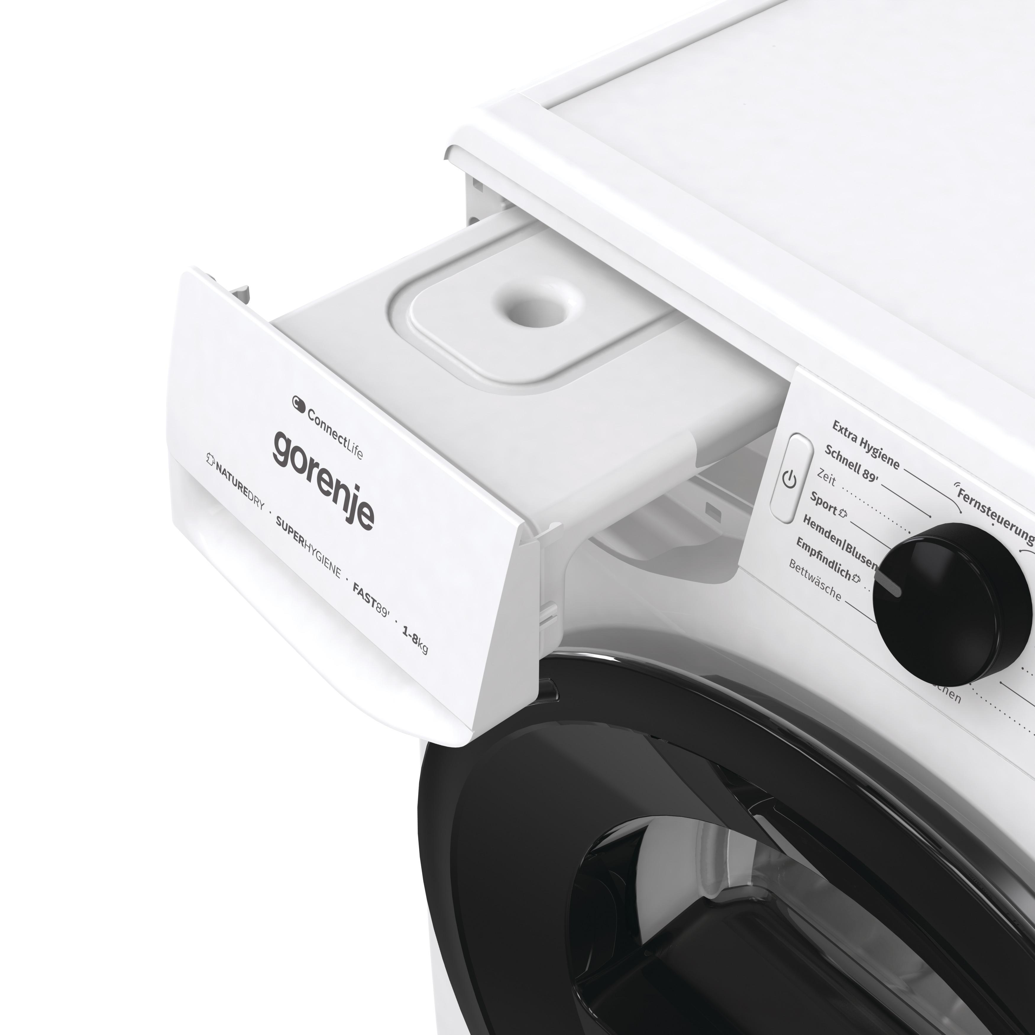 Waschmaschine mit geöffneter Waschmittelschublade, Branding 'Gorenje', Text 'ConnectLife'.