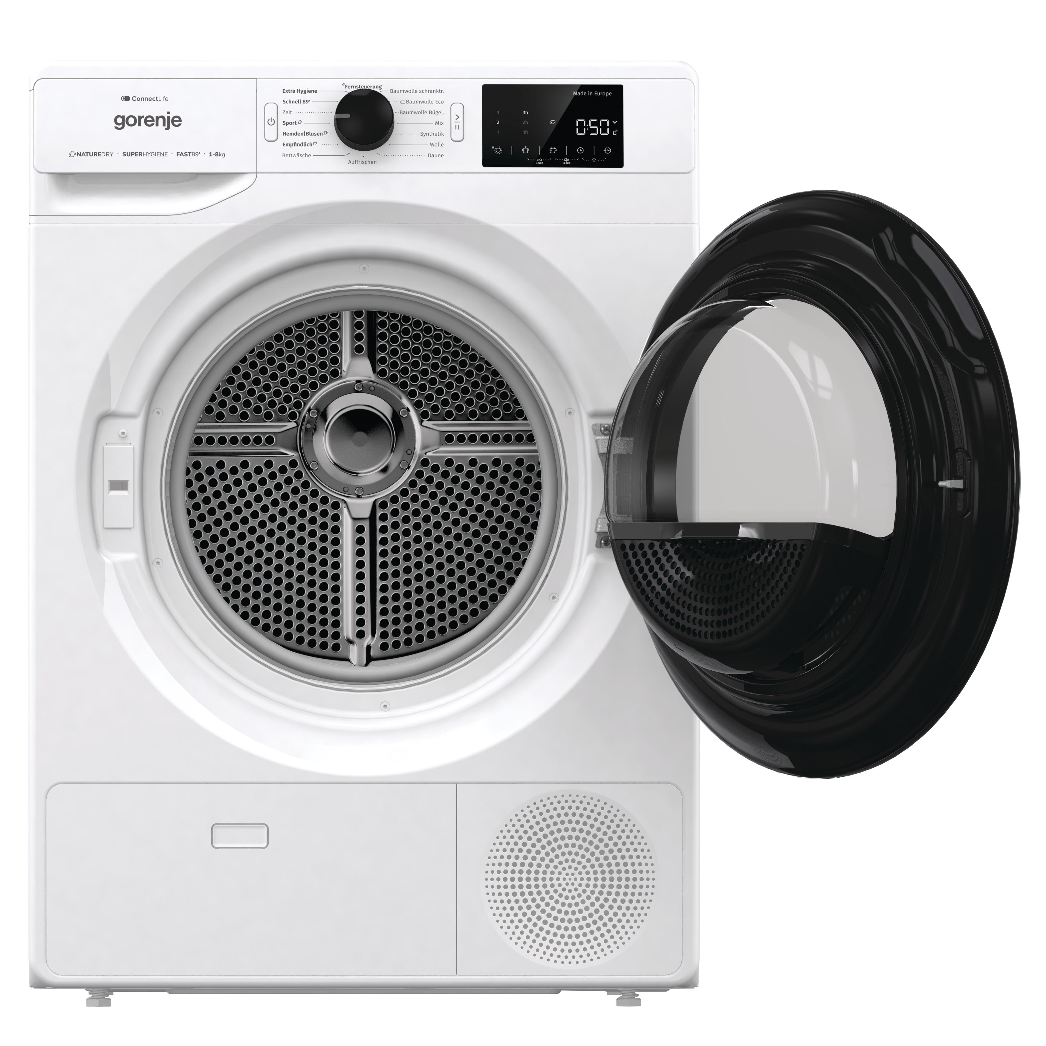 Ein weißer Gorenje Trockner mit geöffneter Tür, der sein Inneres zeigt.