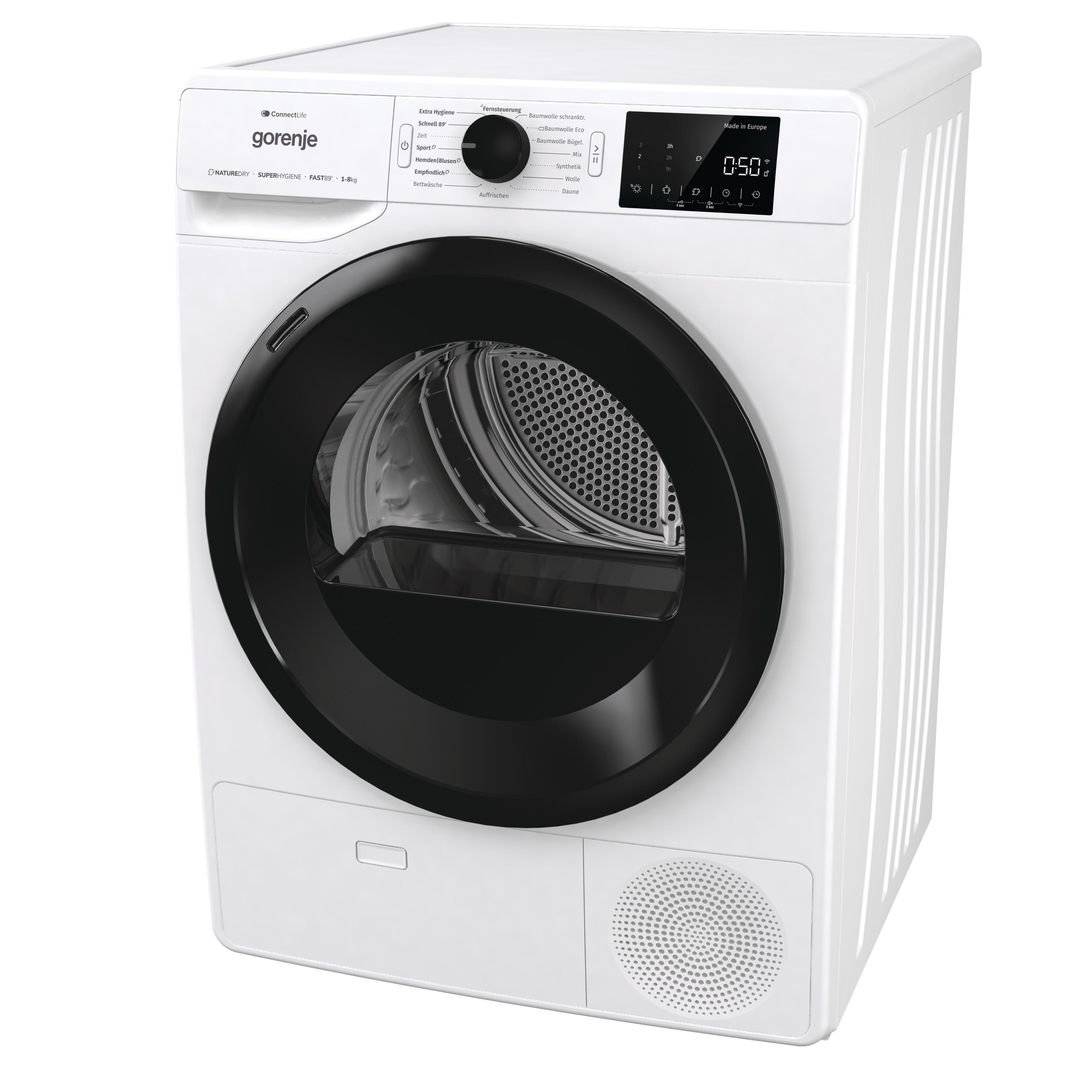 Weißer Gorenje-Trockner mit schwarzer Tür und Bedienfeld.