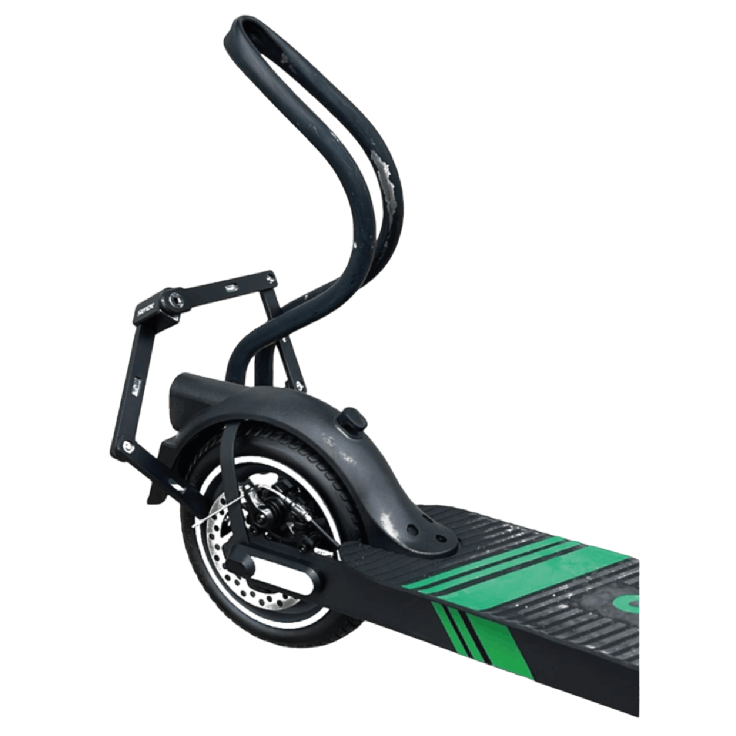 Trottinette électrique noire, vue en angle, montrant une planche noire avec des rayures vertes et un guidon incurvé.