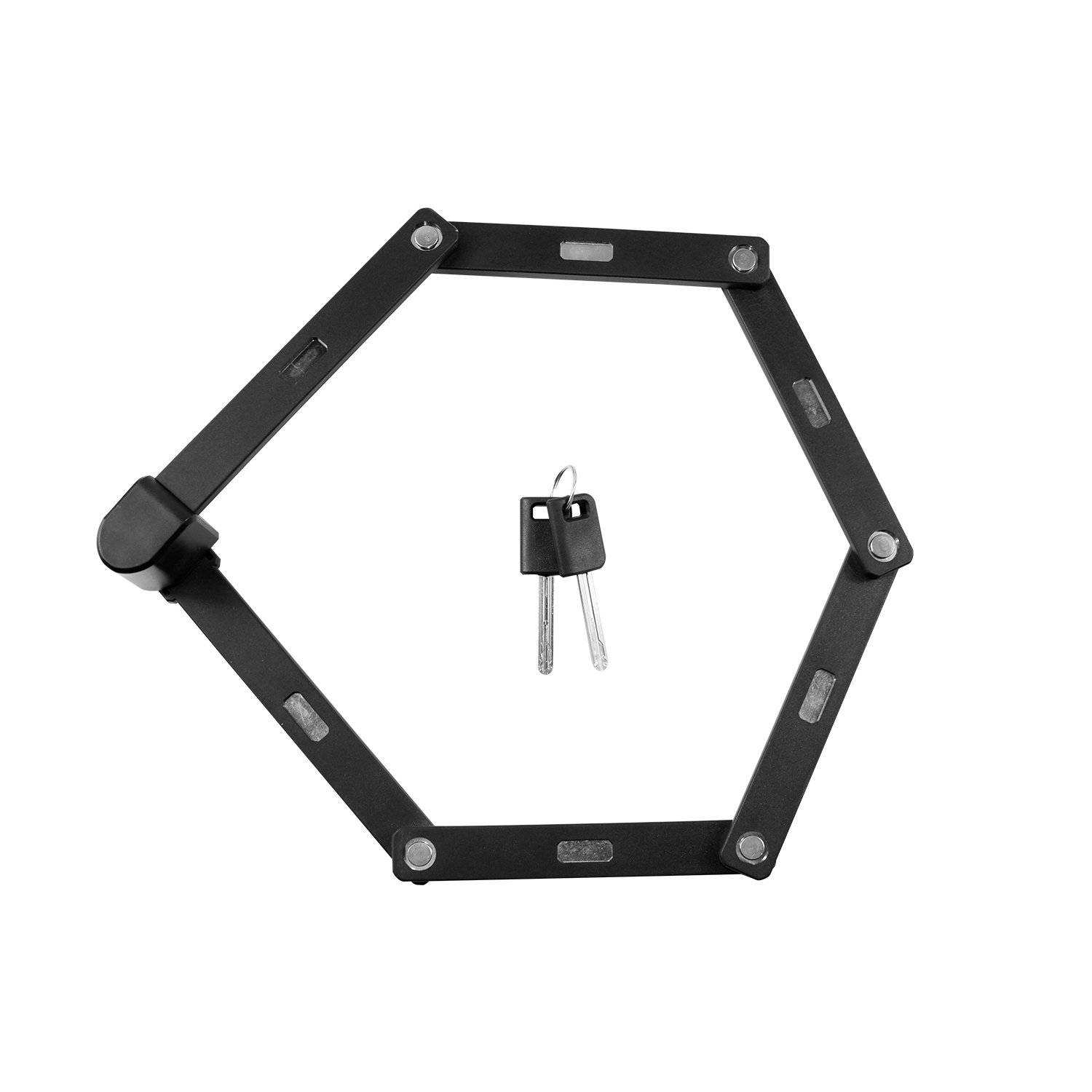 Antivol de vélo pliable noir avec clés, disposé en forme hexagonale sur fond blanc.