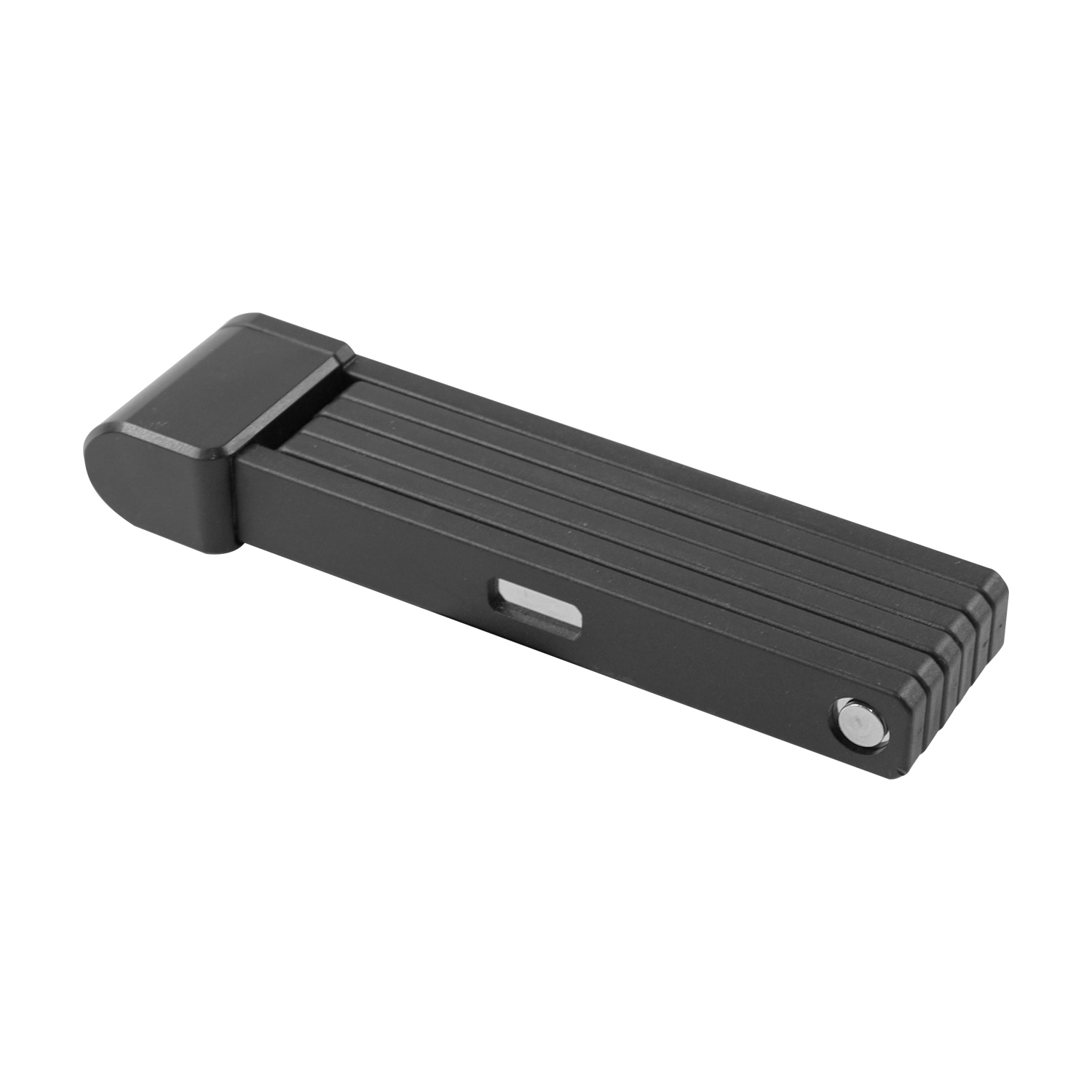 Un antivol de vélo noir plié, de forme rectangulaire.