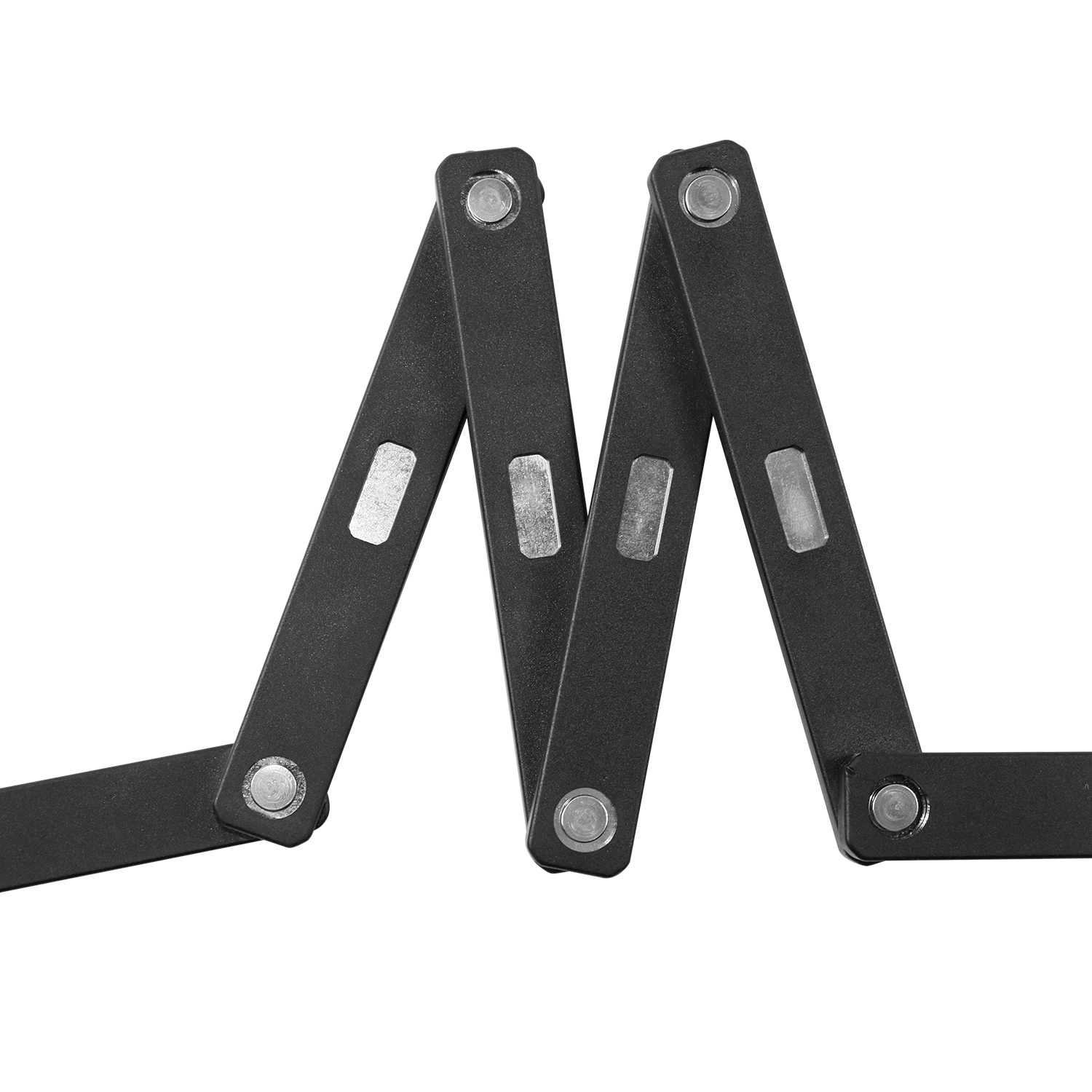 Un antivol de vélo pliable noir avec articulations argentées, sur fond blanc.