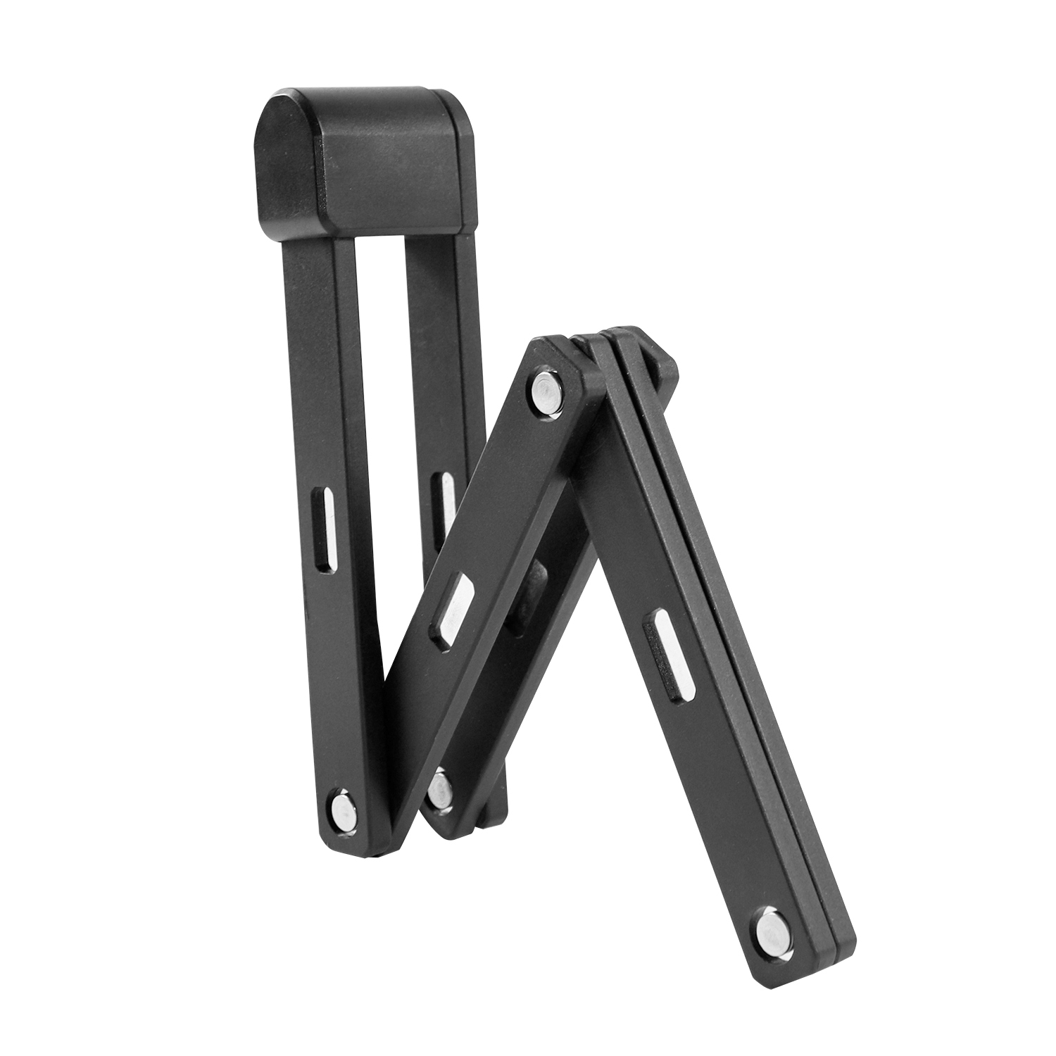 Un antivol pliable noir pour vélo, partiellement ouvert.