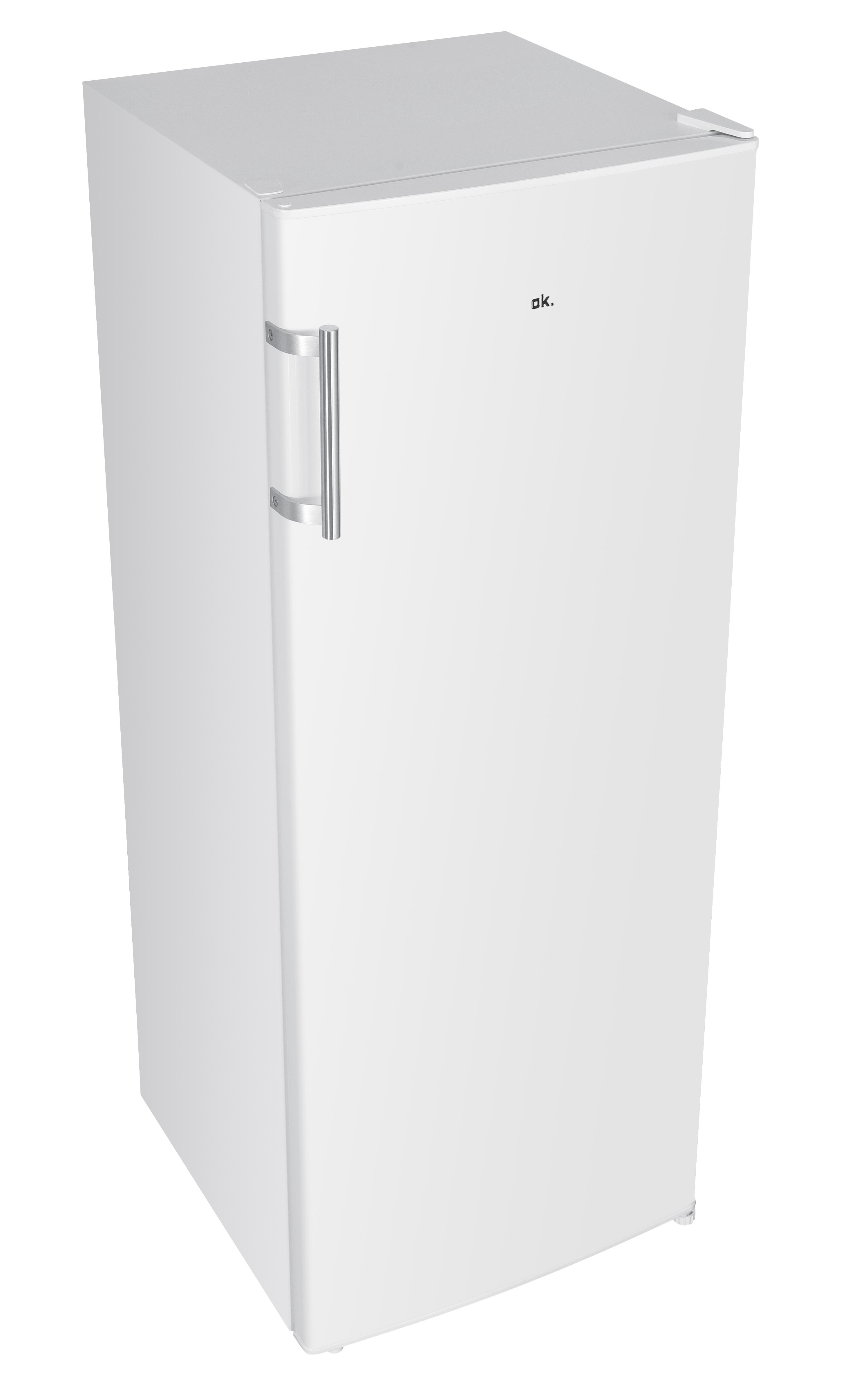 Weißer Kühlschrank, hoch und rechteckig, mit silbernem Griff.