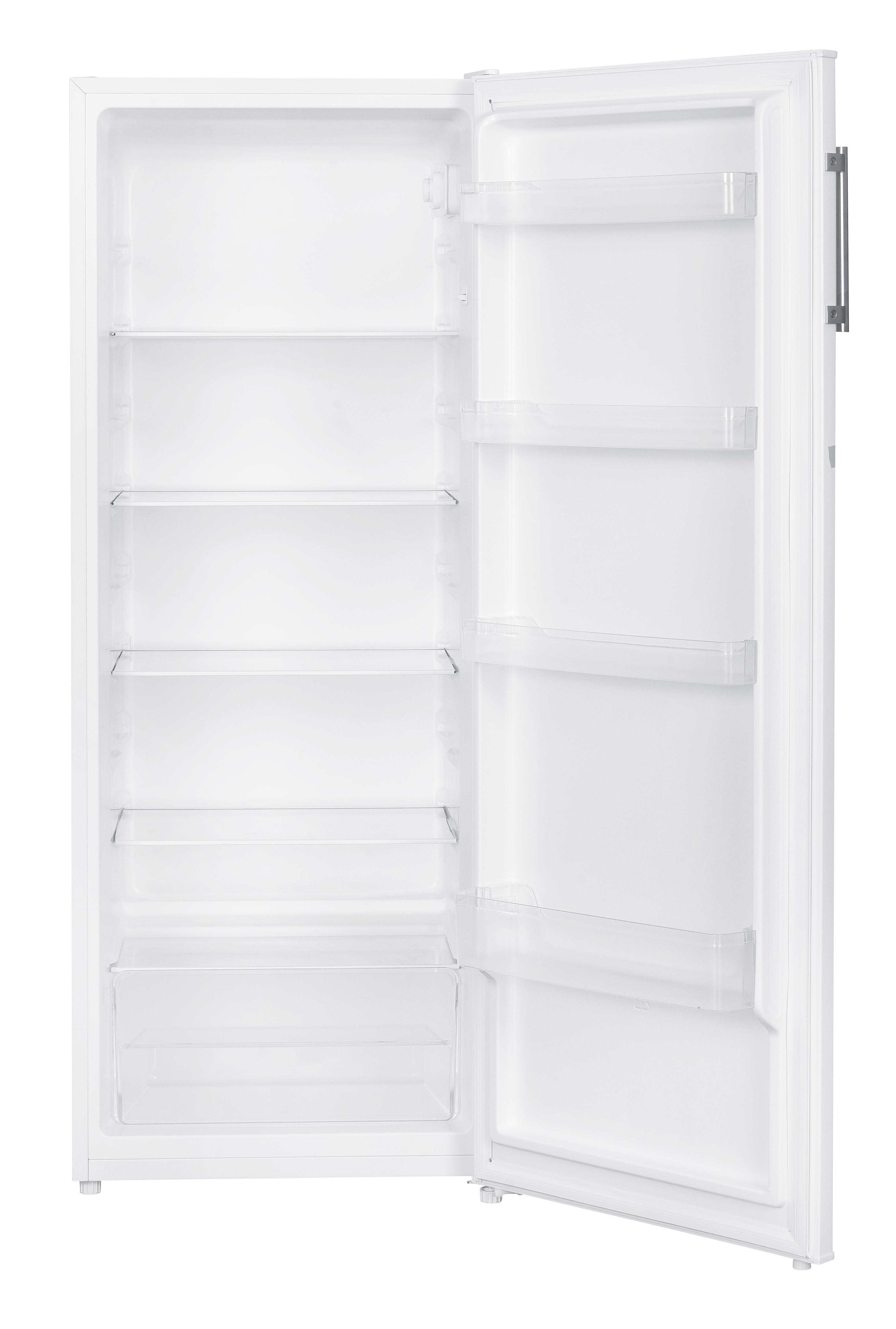 Weißer Kühlschrank mit offener Tür, zeigt Regale und Schubladen auf weißem Hintergrund.