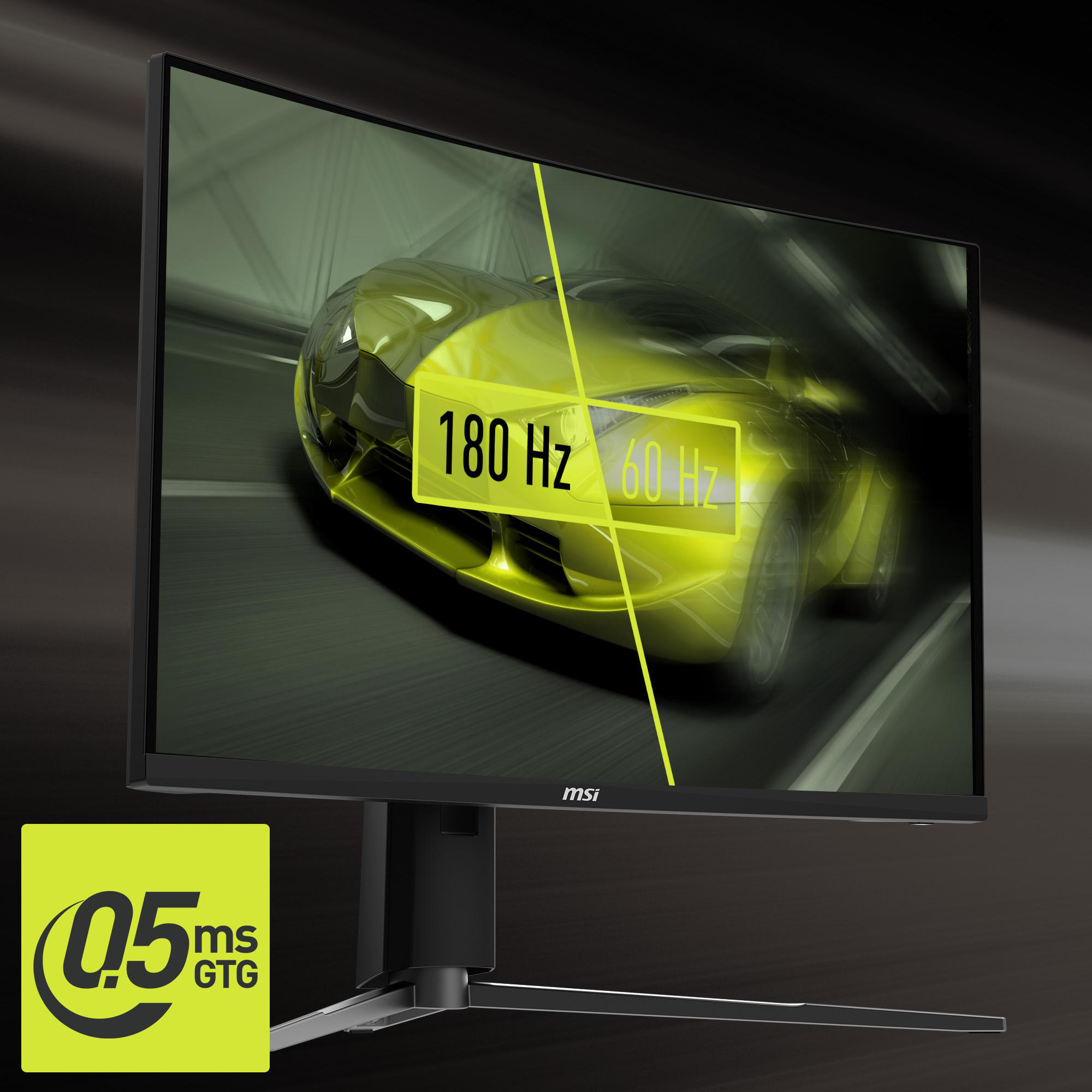 Ein Monitor, der ein Auto anzeigt, mit Text über Bildwiederholraten.