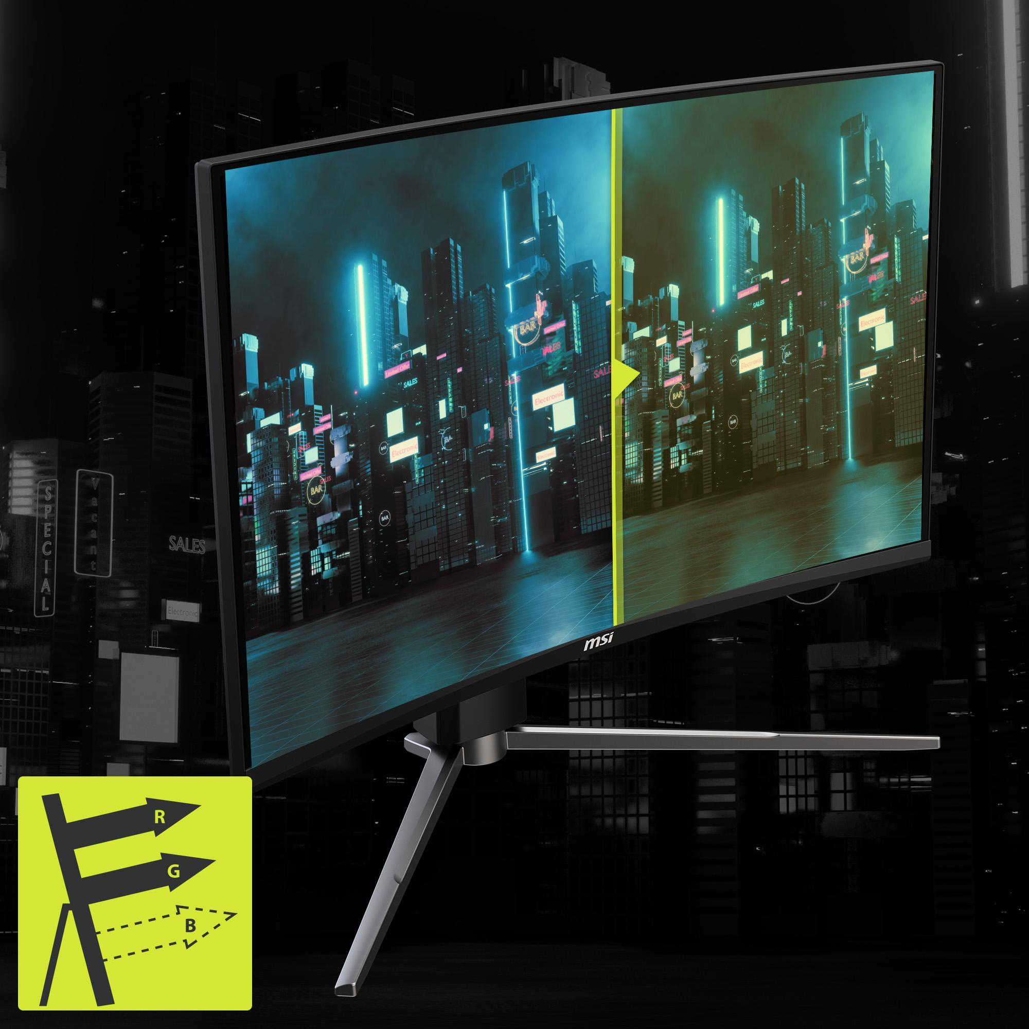 Monitor mit Stadtansicht, gelbe Linie zeigt Farbanpassung. Der Monitor hat einen Ständer.
