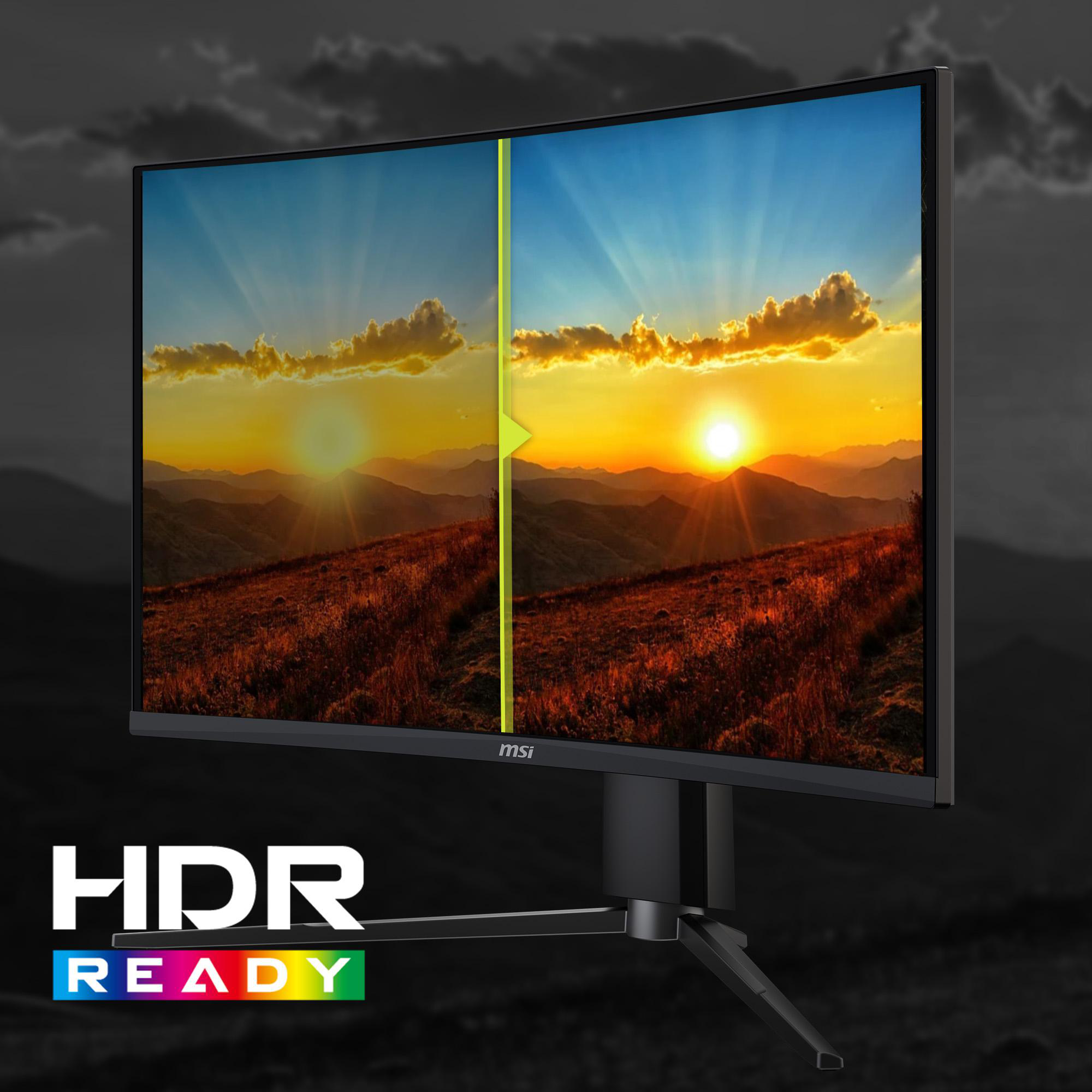 Ein gebogener Monitor zeigt eine Sonnenuntergangsszene. Ein geteilter Bildschirm zeigt die Szene vor und nach der HDR-Verarbeitung.