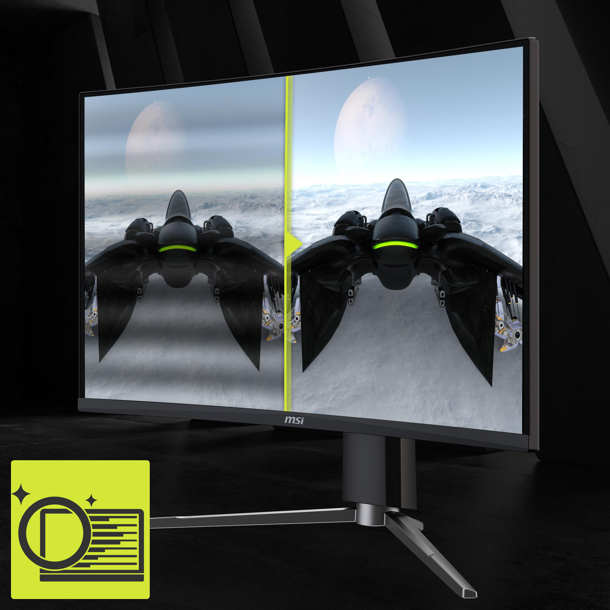Ein gekrümmter Computermonitor, der eine Weltraumszene zeigt, vergleicht Standard- und verbessertes Display.