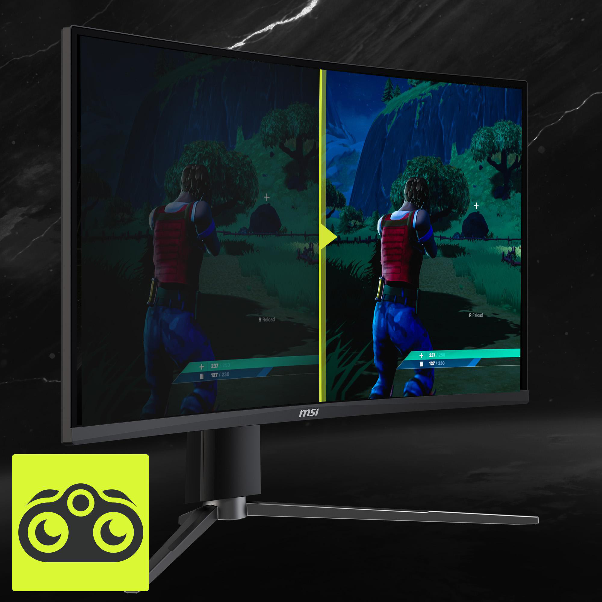 Ein Monitor, der ein Spiel mit verschiedenen Helligkeitseinstellungen zeigt.