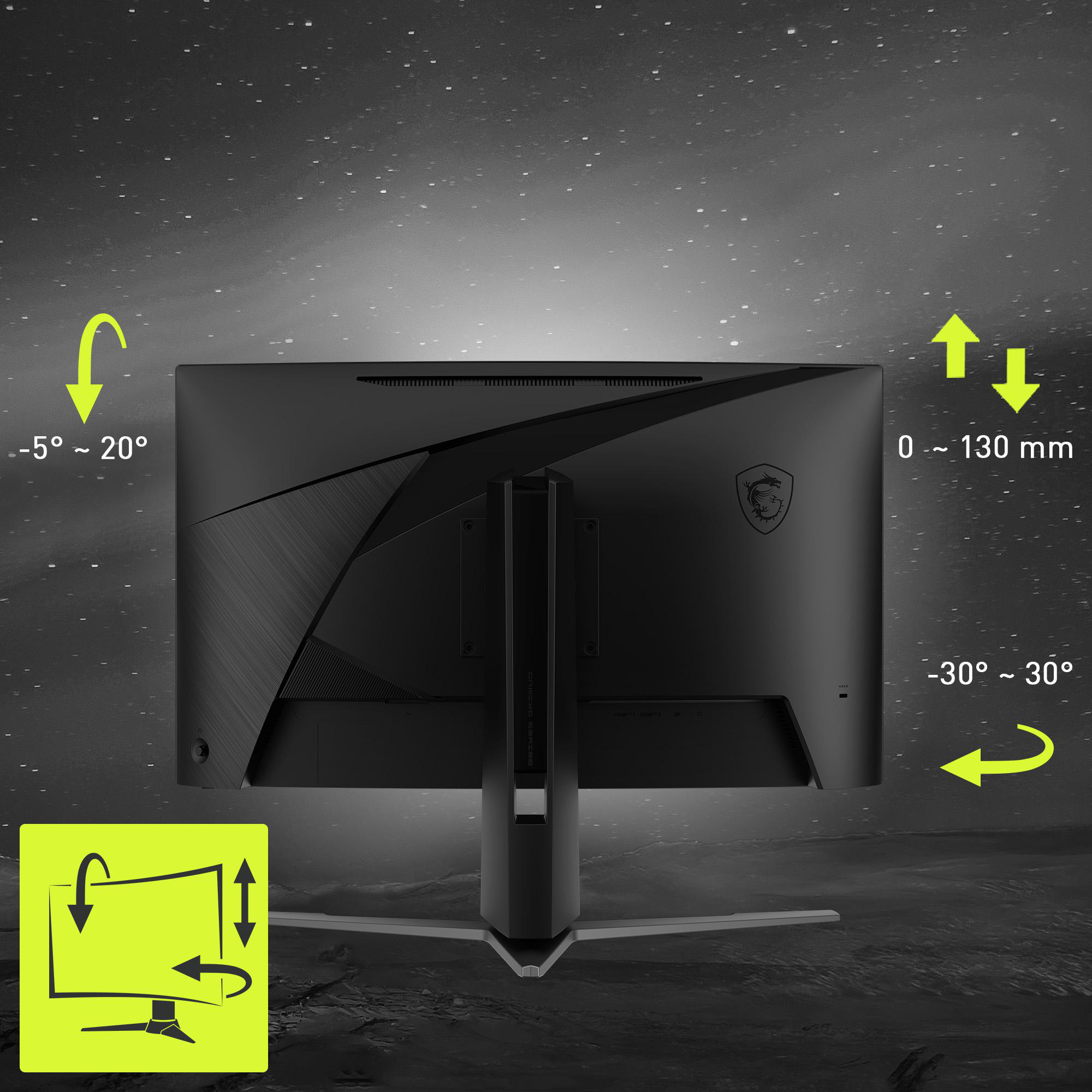 Rückseite eines schwarzen Computermonitors mit Winkelanzeigen. Der Hintergrund ist eine Sternennacht.