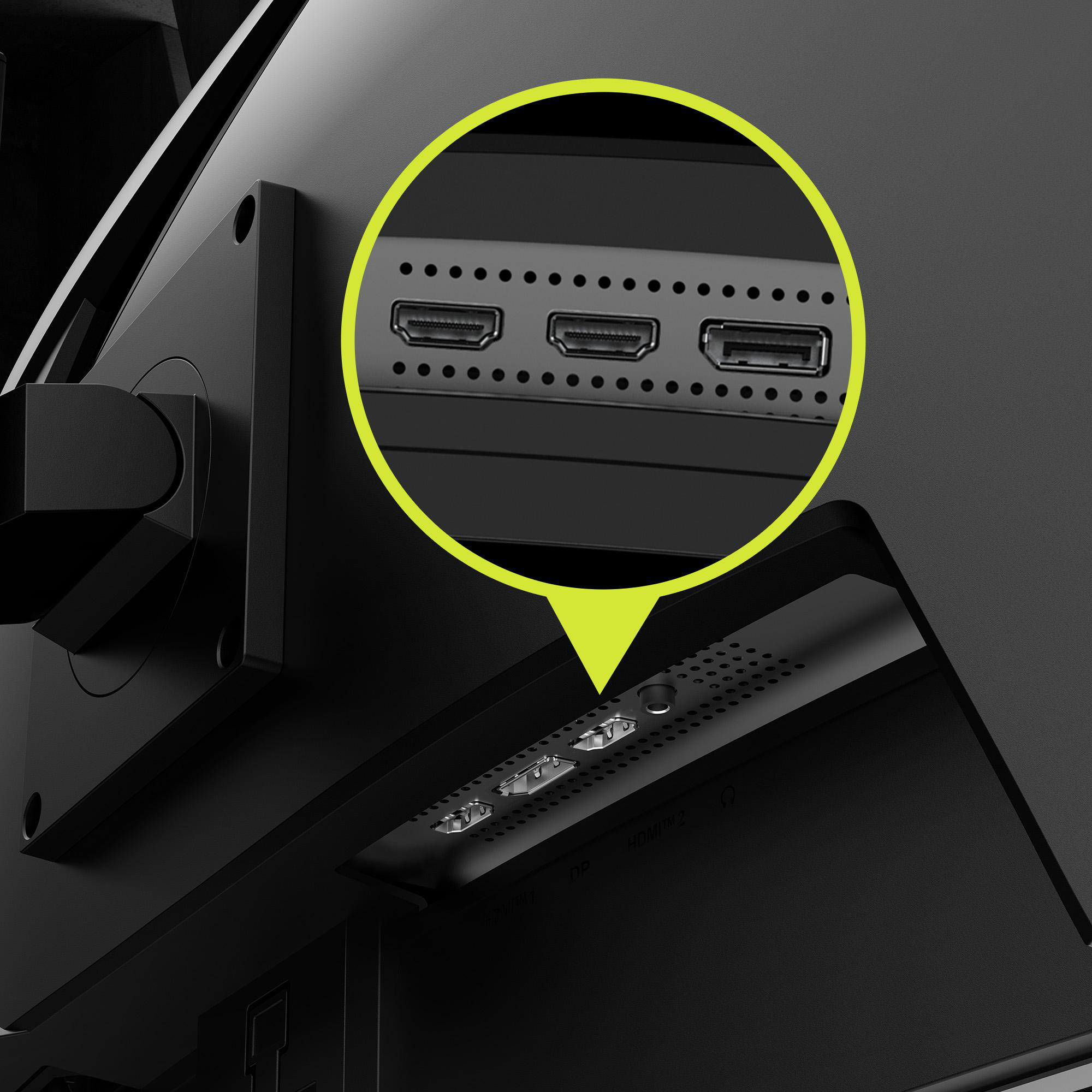 Nahaufnahme der Anschlüsse eines Monitors. HDMI-Anschlüsse sind hervorgehoben. Schwarzer Hintergrund.