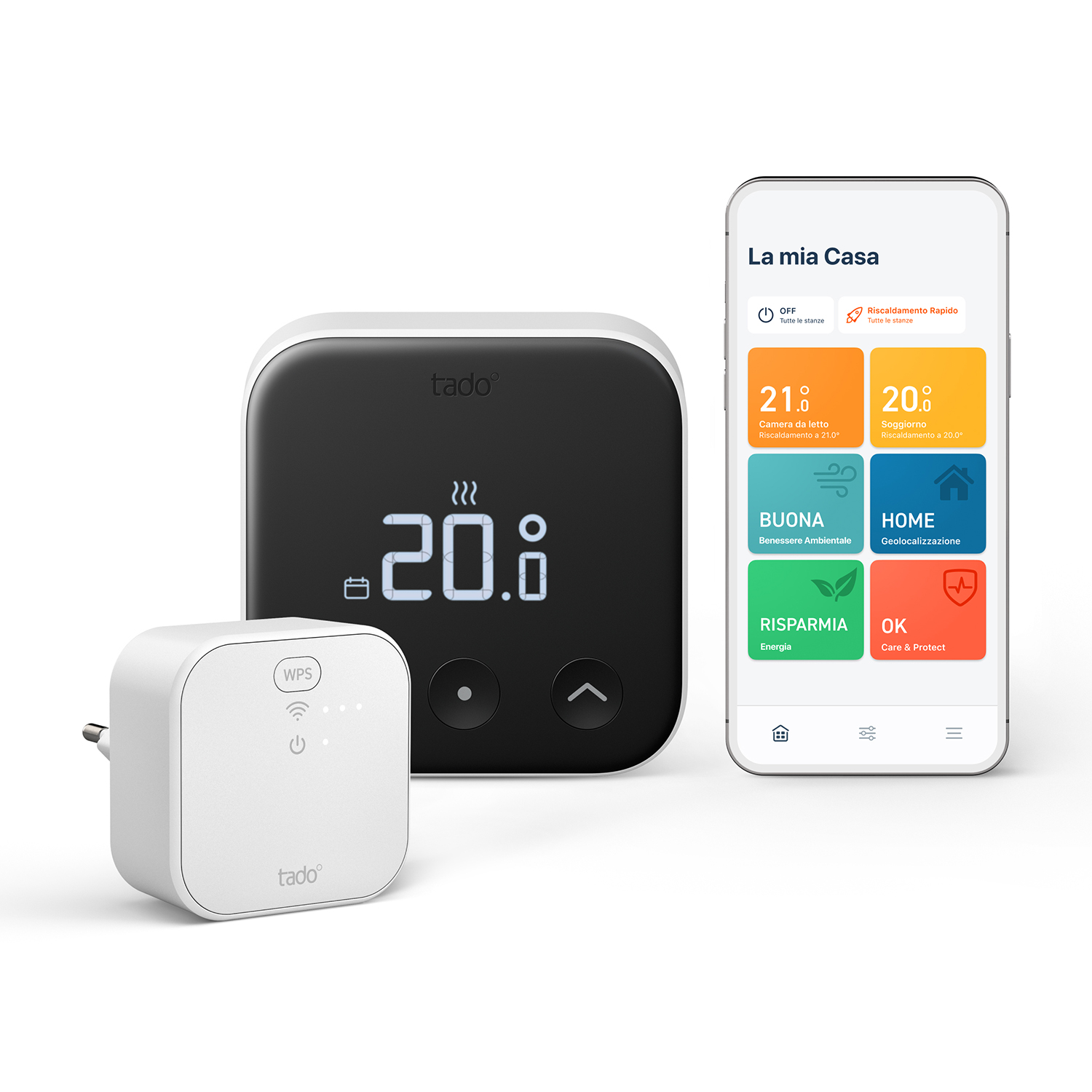 Un sistema di controllo climatico domestico è presentato con un pannello di controllo, un hub e uno smartphone.