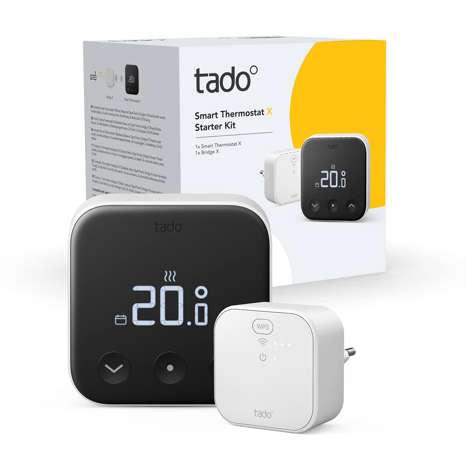 Un kit di avvio Tado Smart Thermostat, che include un termostato, un bridge e l'imballaggio.