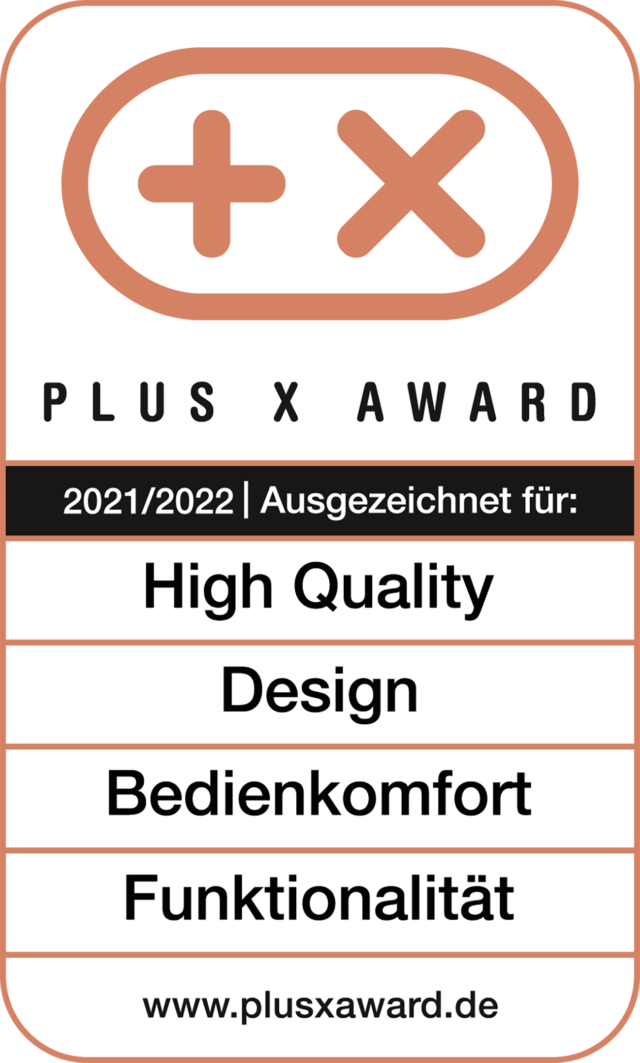 Plus X Award Logo mit Text über hohe Qualität, Design, Funktionalität.