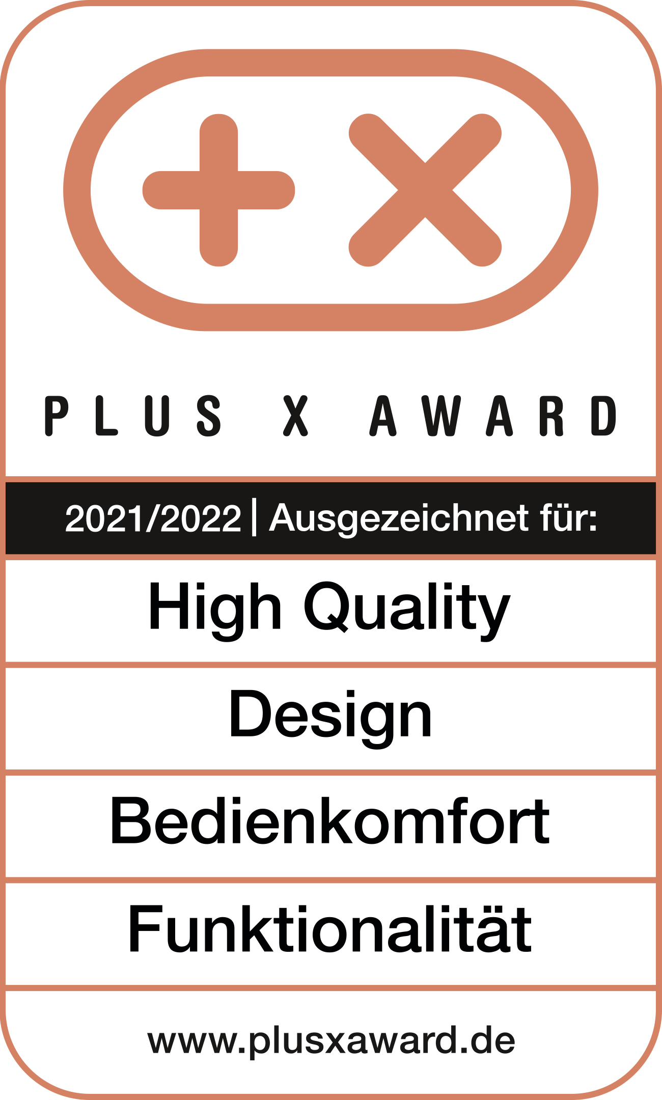 Plus X Award für High Quality, Design, Bedienkomfort, und Funktionalität.