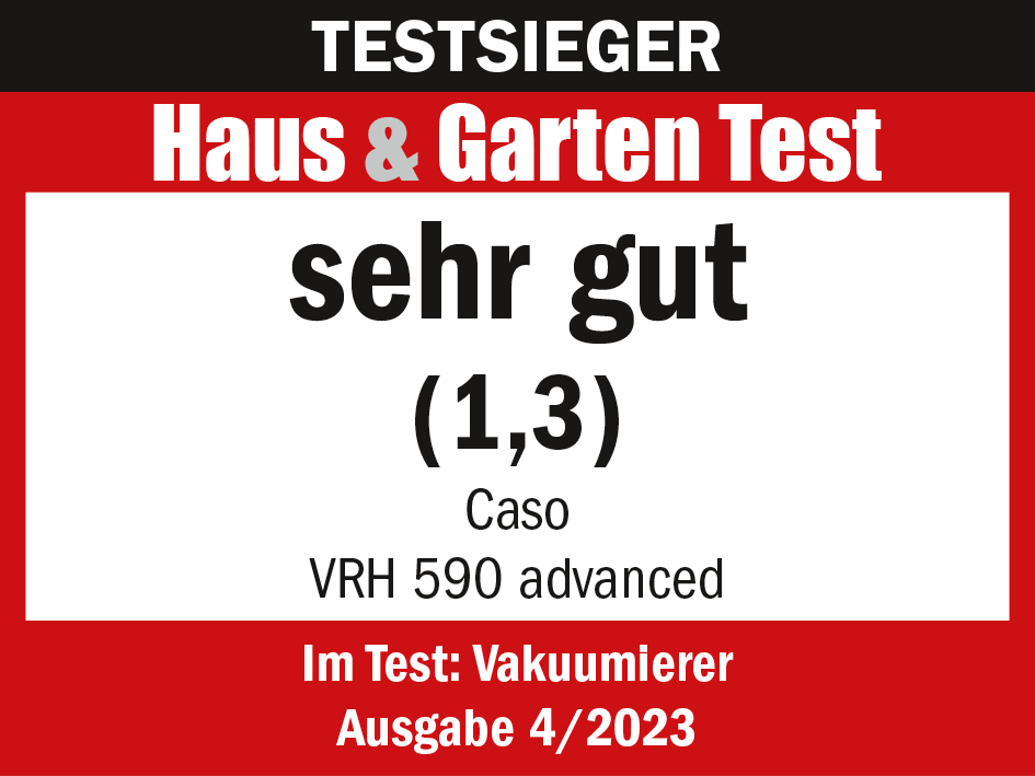 Ein rot-weißer Testbericht mit der Bewertung 'sehr gut (1,3)' für einen Caso Vakuumierer.