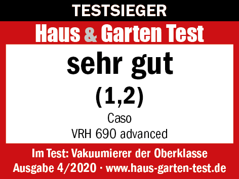 Ein Testergebnisbild mit dem Text 'sehr gut (1,2)' auf rotem Hintergrund, für ein Caso VRH 690 advanced.