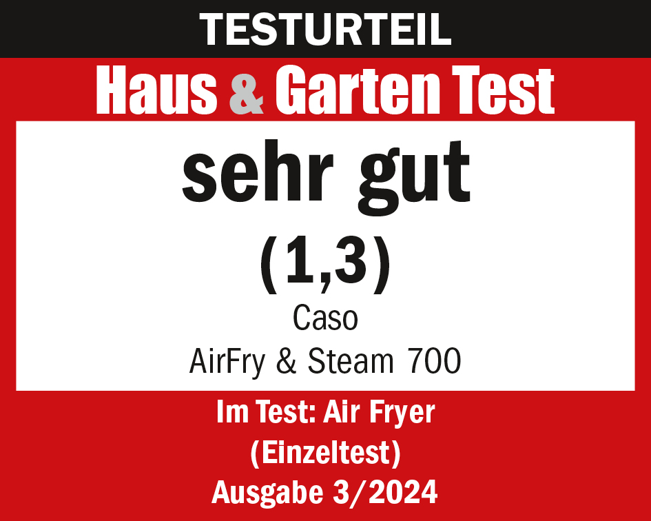 Eine rot-weiße Produktbewertung mit deutschem Text, 'Sehr gut' und 'AirFry & Steam 700'.