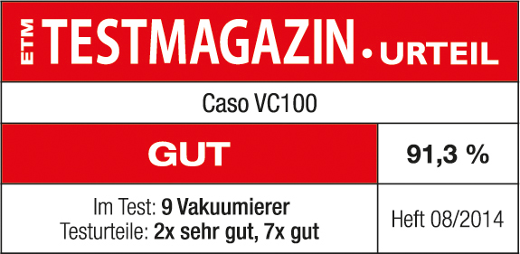 Ein rotes und weißes Zeitschriften-Cover mit Text über die Leistung eines Staubsaugers, mit Bewertungen.