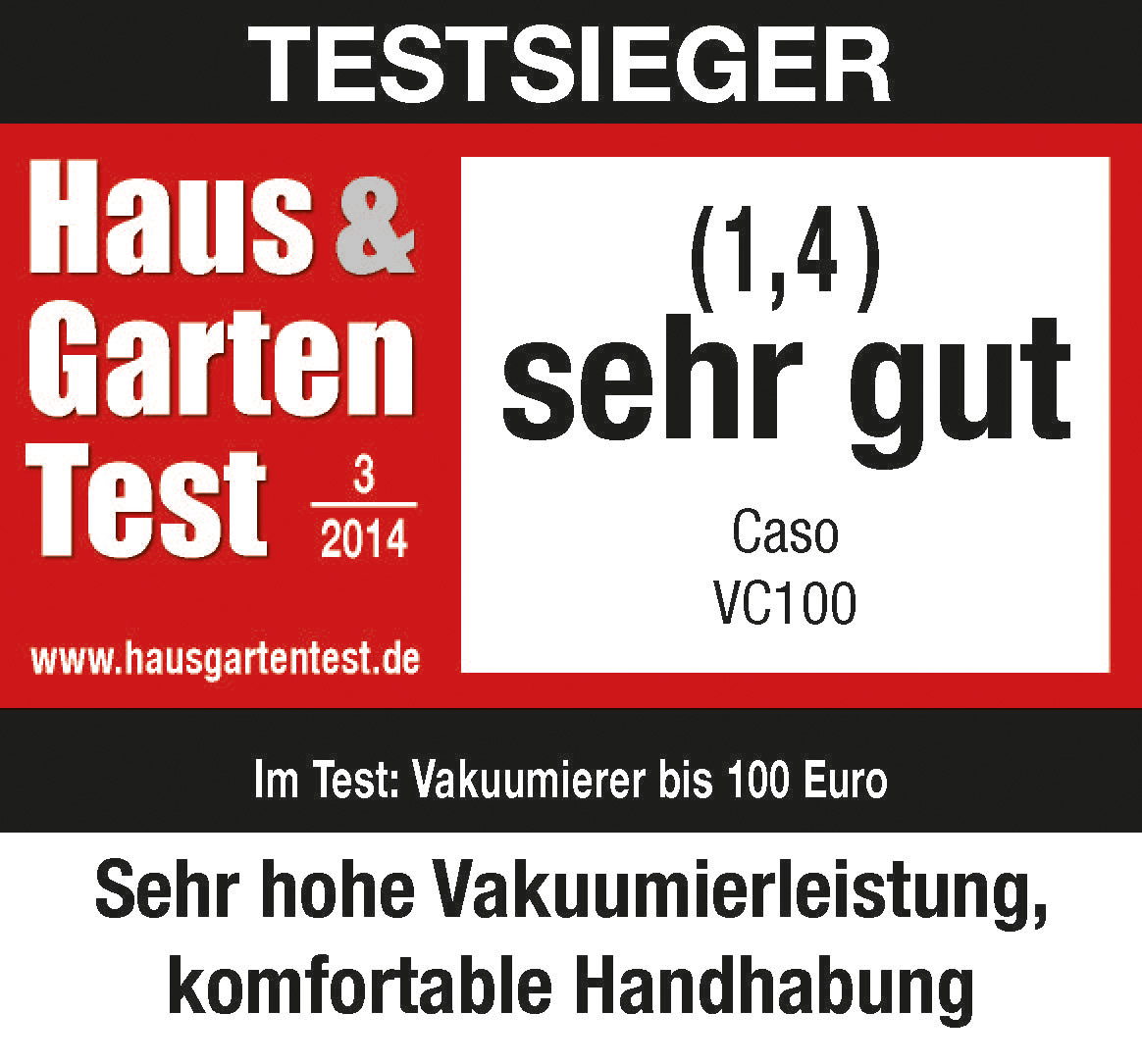 Vakuumierer mit Text. Text lautet Haus & Garten Test und Sehr gut (1,4).