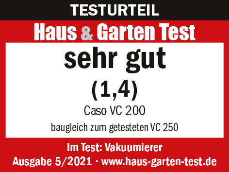 Ein rotes und weißes Etikett mit dem Text 'sehr gut (1,4)' und 'Haus & Garten Test'.