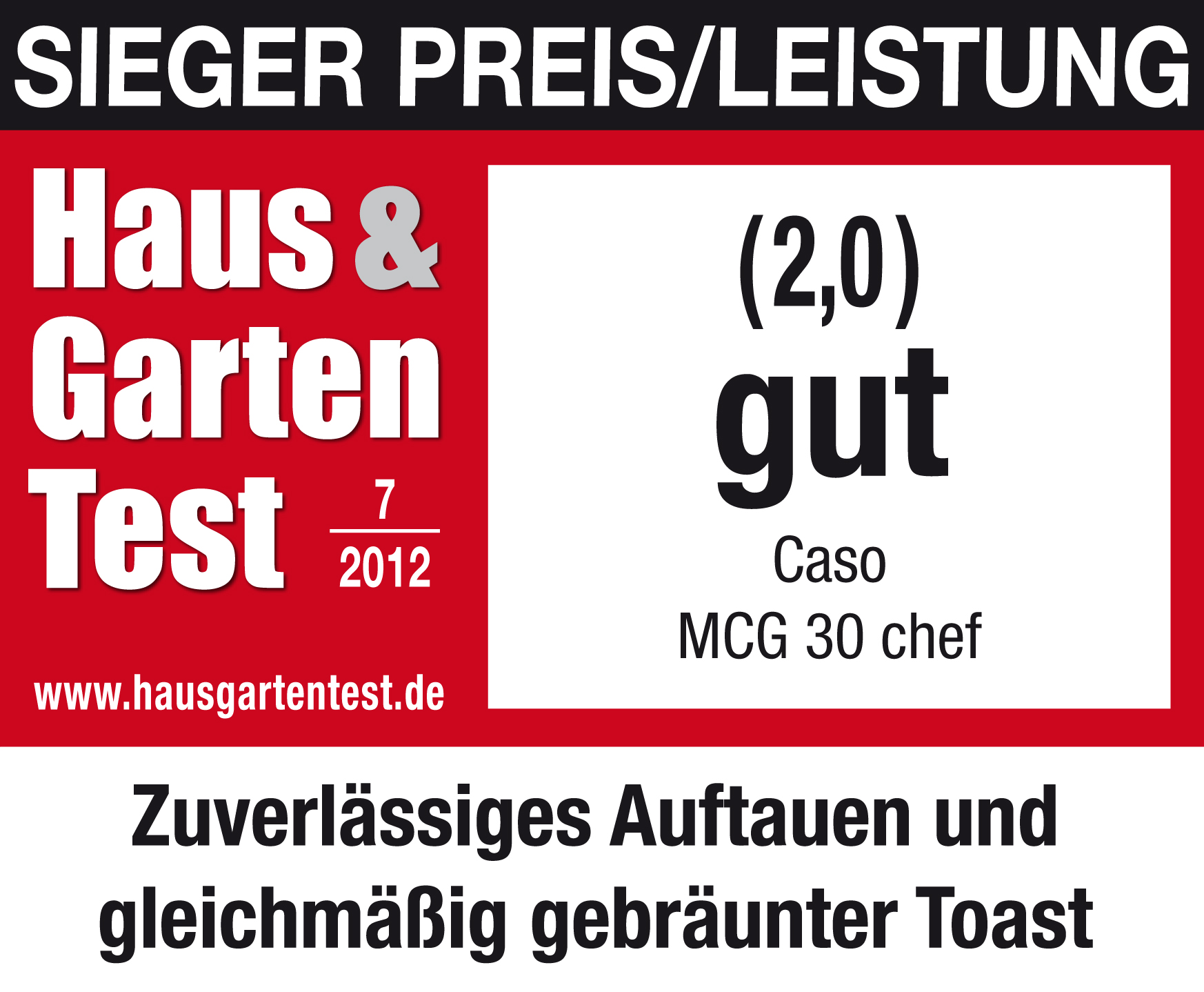 Testergebnis von Haus & Garten Test. Das Ergebnis ist (2,0) gut. Das Produkt ist Caso MCG 30 chef.