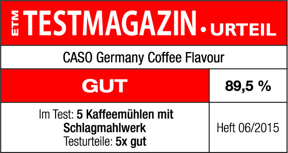 Rotes und weißes Etikett mit Text und 89,5 % Bewertung. Es ist ein Testergebnis für eine Kaffeemaschine.