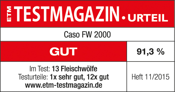 Testmagazin-Bewertung eines Fleischwolfs. Text: GUT, 91,3 %. Hintergrund: Rot und Weiß.