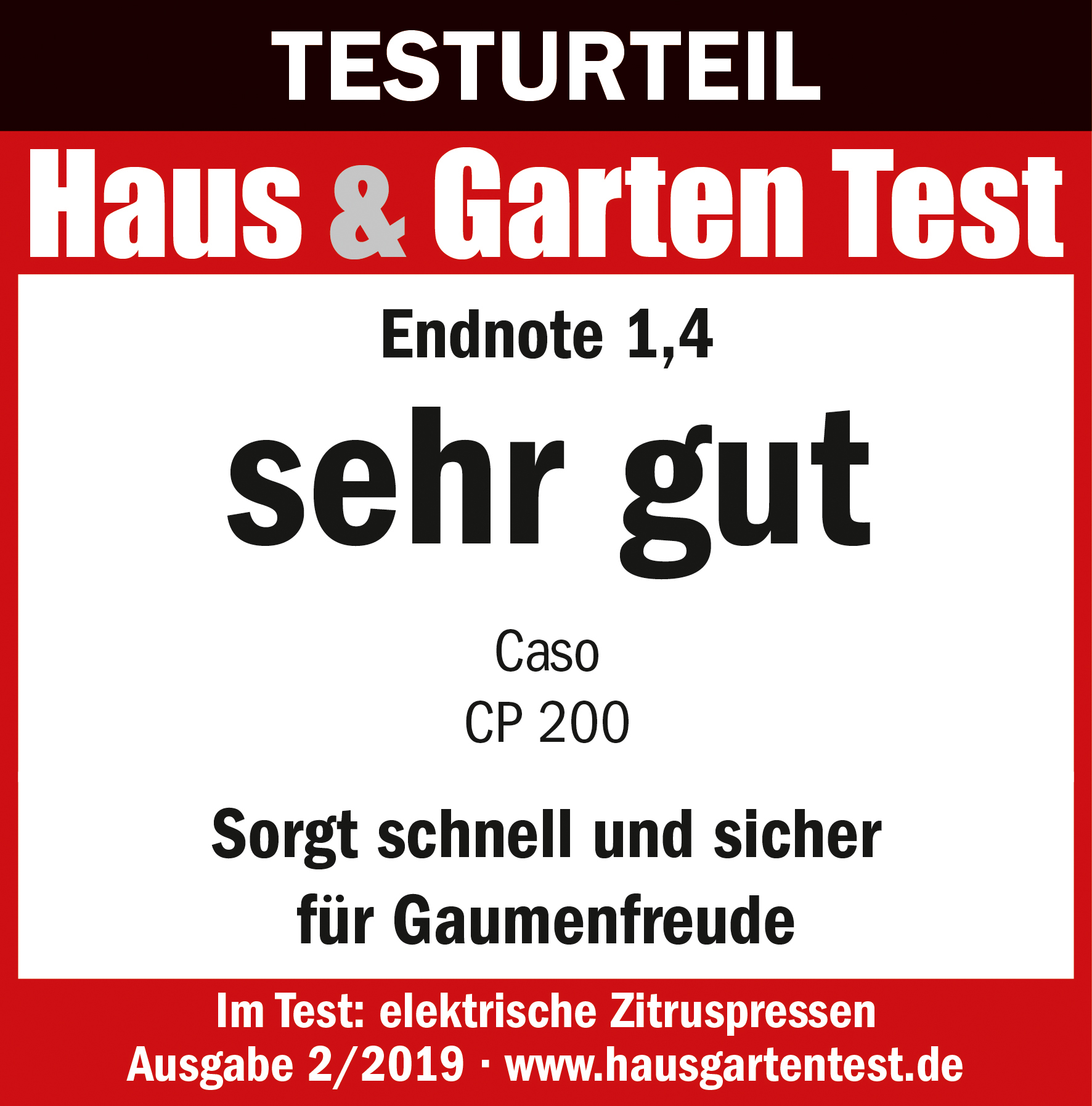 Testergebnis Grafik mit Text 'sehr gut' und einem Entsafter.