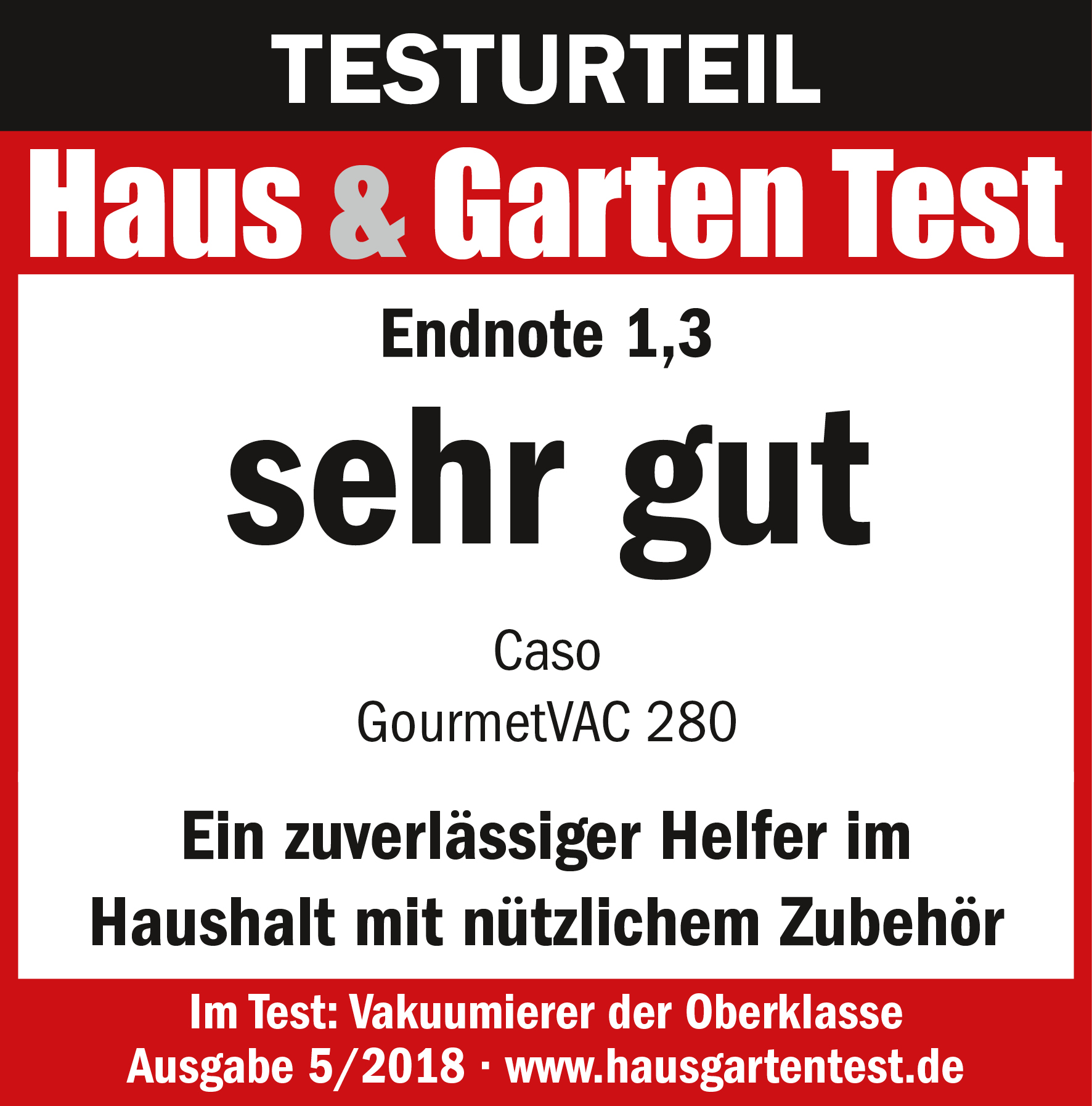 Vakuumierer-Testbericht. Text: sehr gut, Endnote 1,3. Hintergrund: Rot und Weiß.