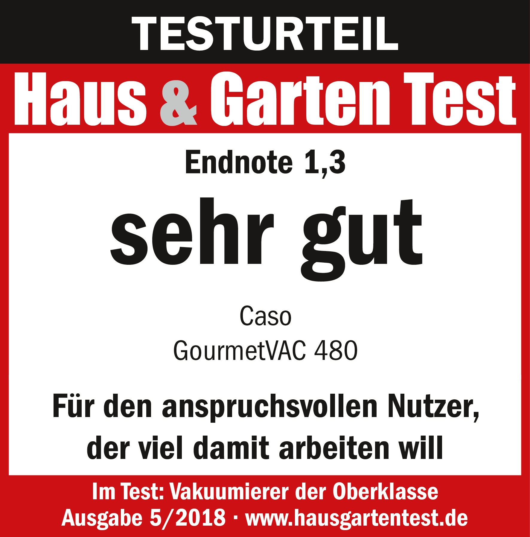 Ein Produktbewertung mit den Worten 'sehr gut' in großen Buchstaben. Text und Logo auf Deutsch.