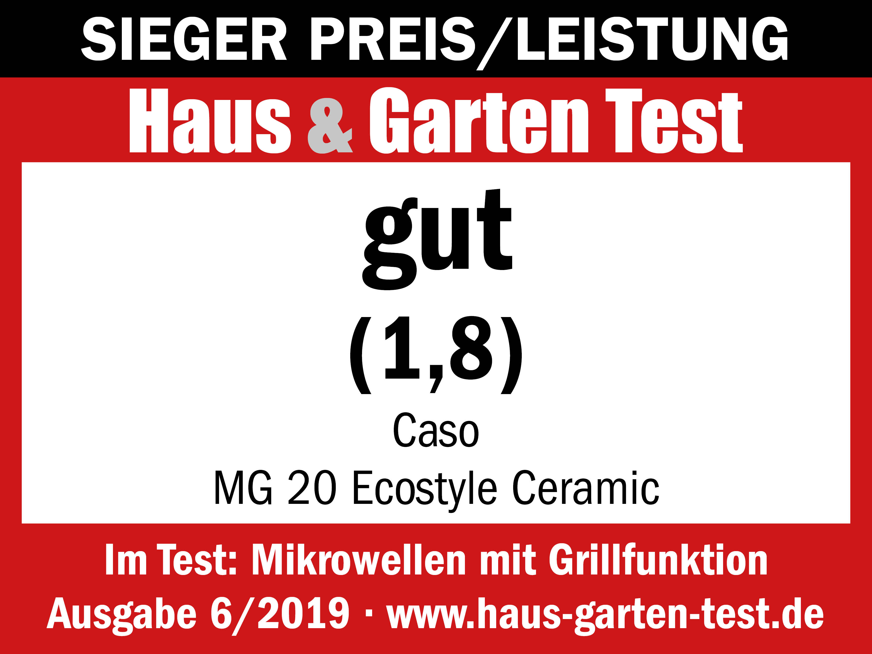 Ein rot-weißes Schild mit der Aufschrift 'gut (1.8)' und einem Produkt von Caso.