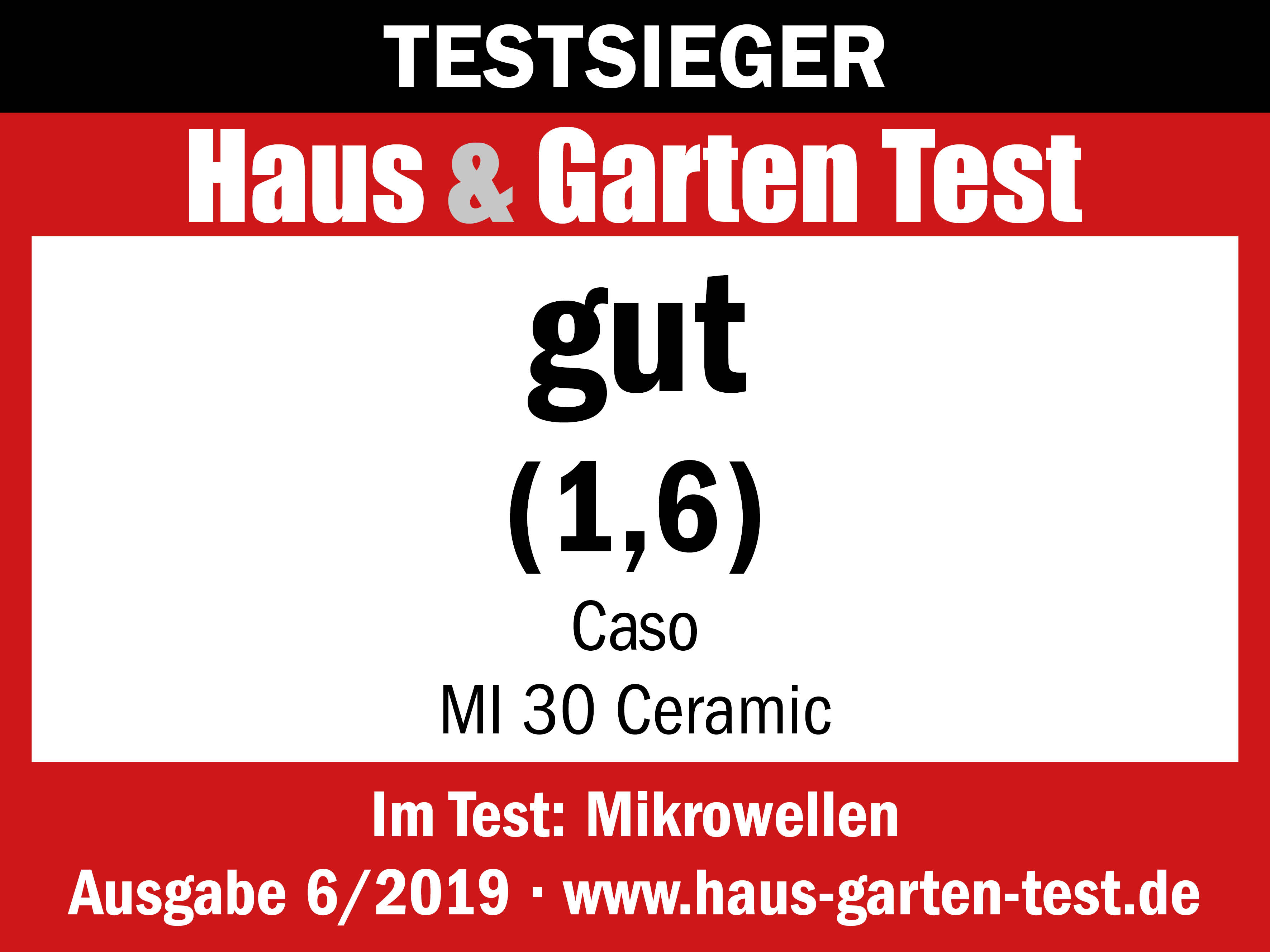 Ein rotes Banner mit weißem Text. Das Banner zeigt 'Haus & Garten Test' und das Wort 'gut' (1,6).