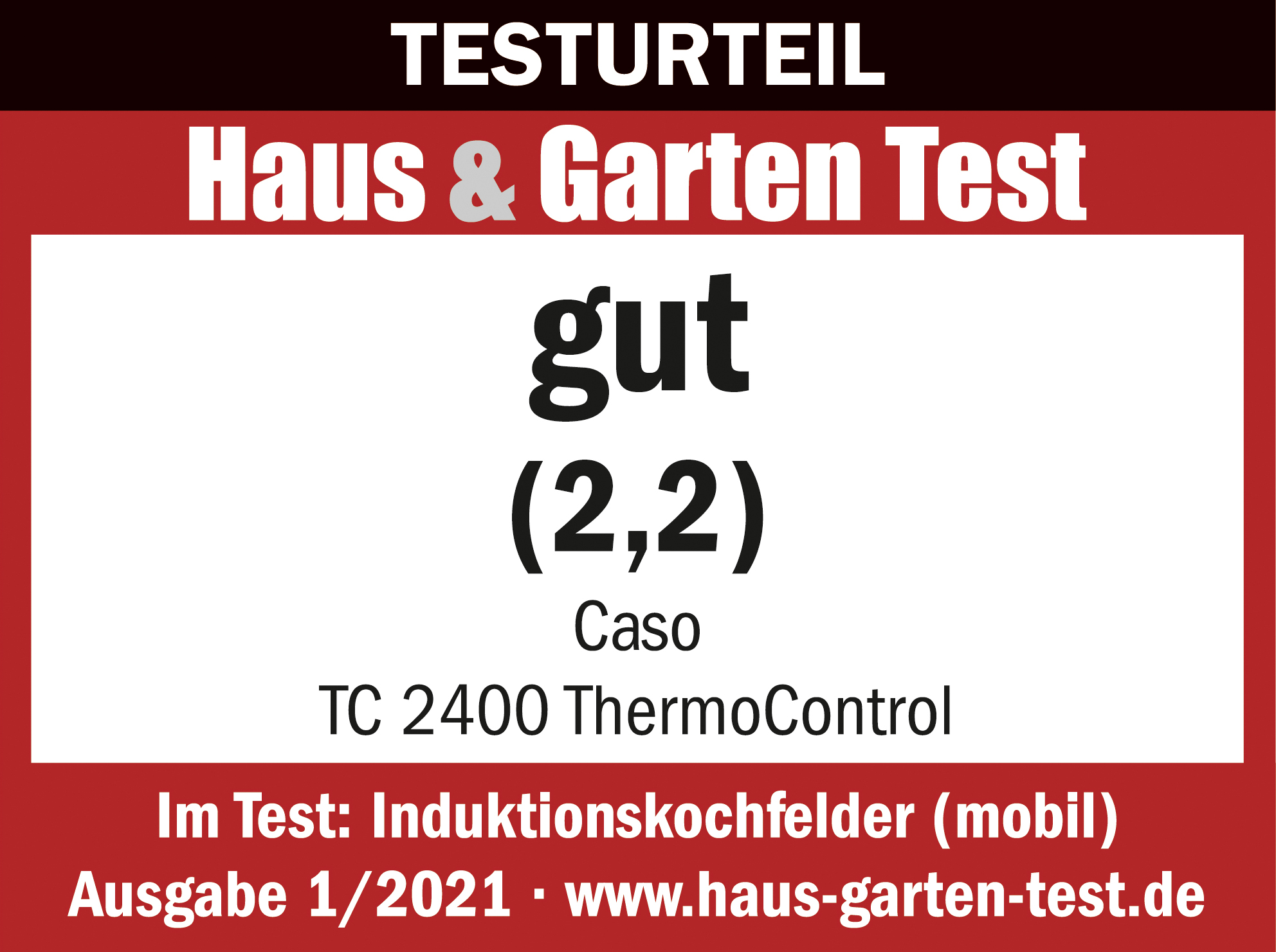 Testergebnis auf rotem Grund: 'gut (2,2)' und 'mobile Induktionskochfelder'.