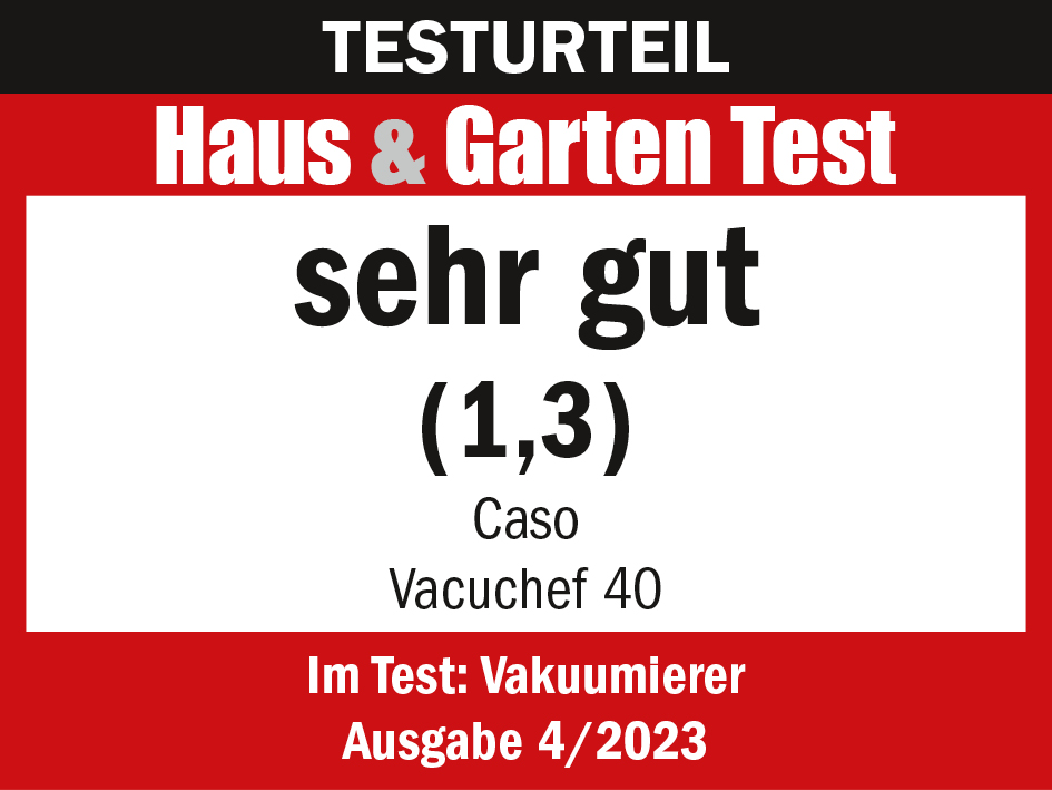Testergebnis-Label mit 'sehr gut' für einen Vakuumierer.