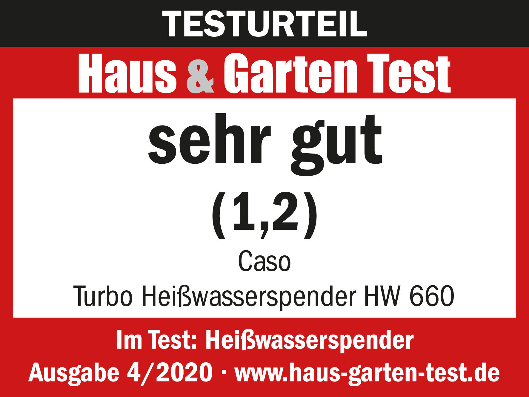 Ein Testergebnis mit Text und der Bewertung „sehr gut“ (1,2). Der Text enthält den Markennamen und den Produkttyp.