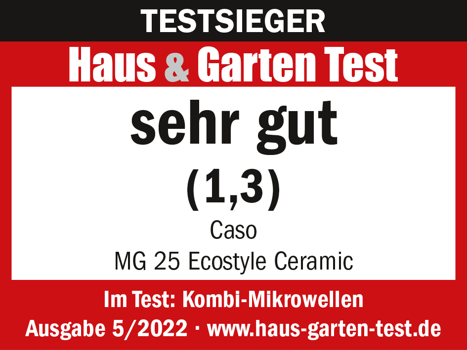 Eine Testergebniskarte mit deutschem Text: 'sehr gut' (1,3), mit Produktname und Website-Adresse.