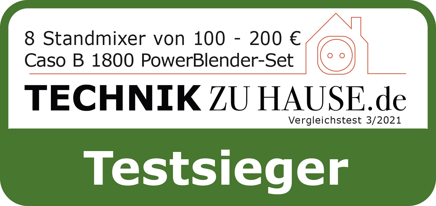 Grünes und weißes Etikett mit Text: 8 Standmixer, Caso B 1800 PowerBlender-Set und Testsieger.