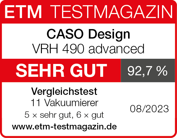 Ein rotes und weißes Rechteck mit Text über einen Vakuumierer und einer Bewertung von 92,7 %.