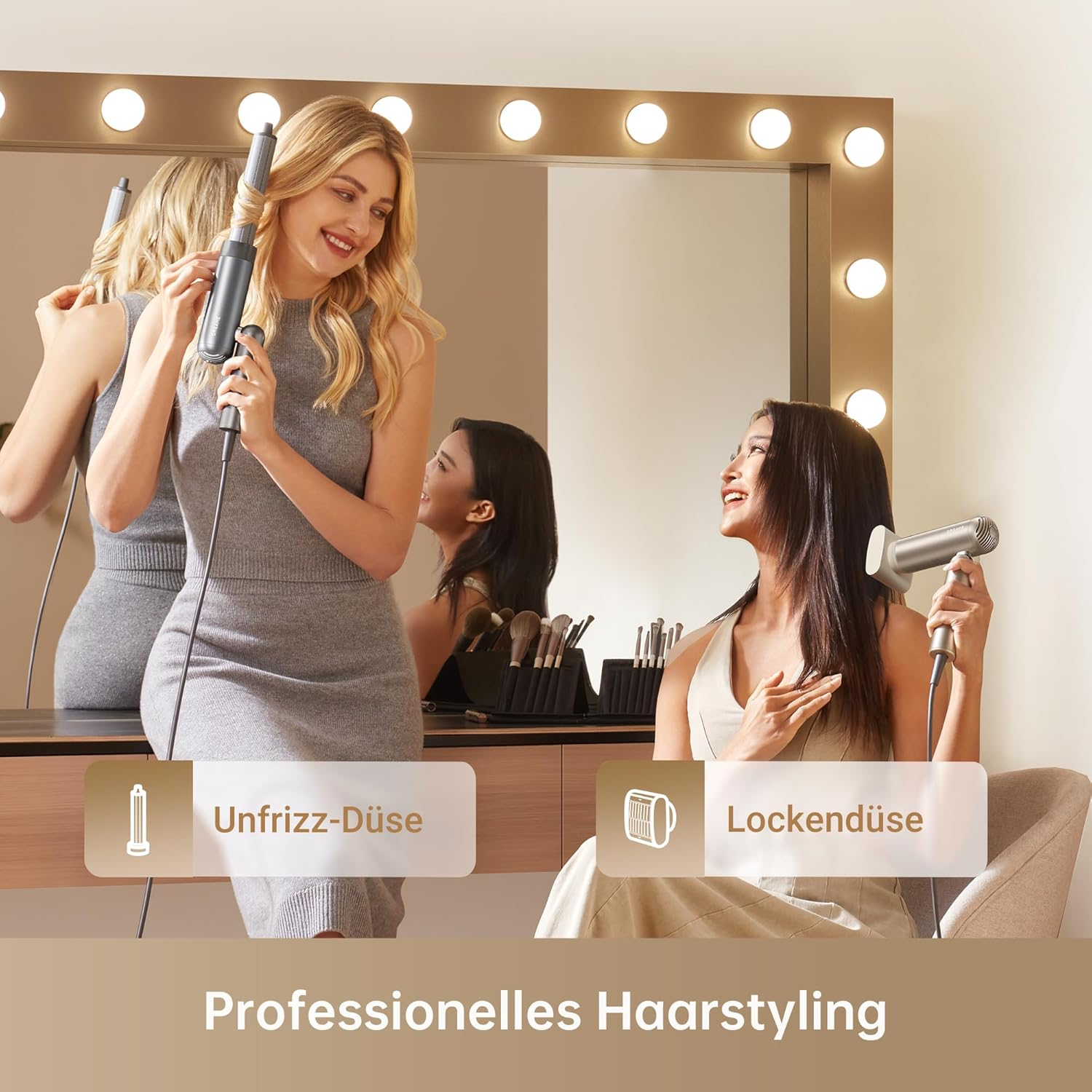 Deux femmes coiffant les cheveux. Une avec un fer à friser, l'autre avec un sèche-cheveux. Texte : Coiffure professionnelle.