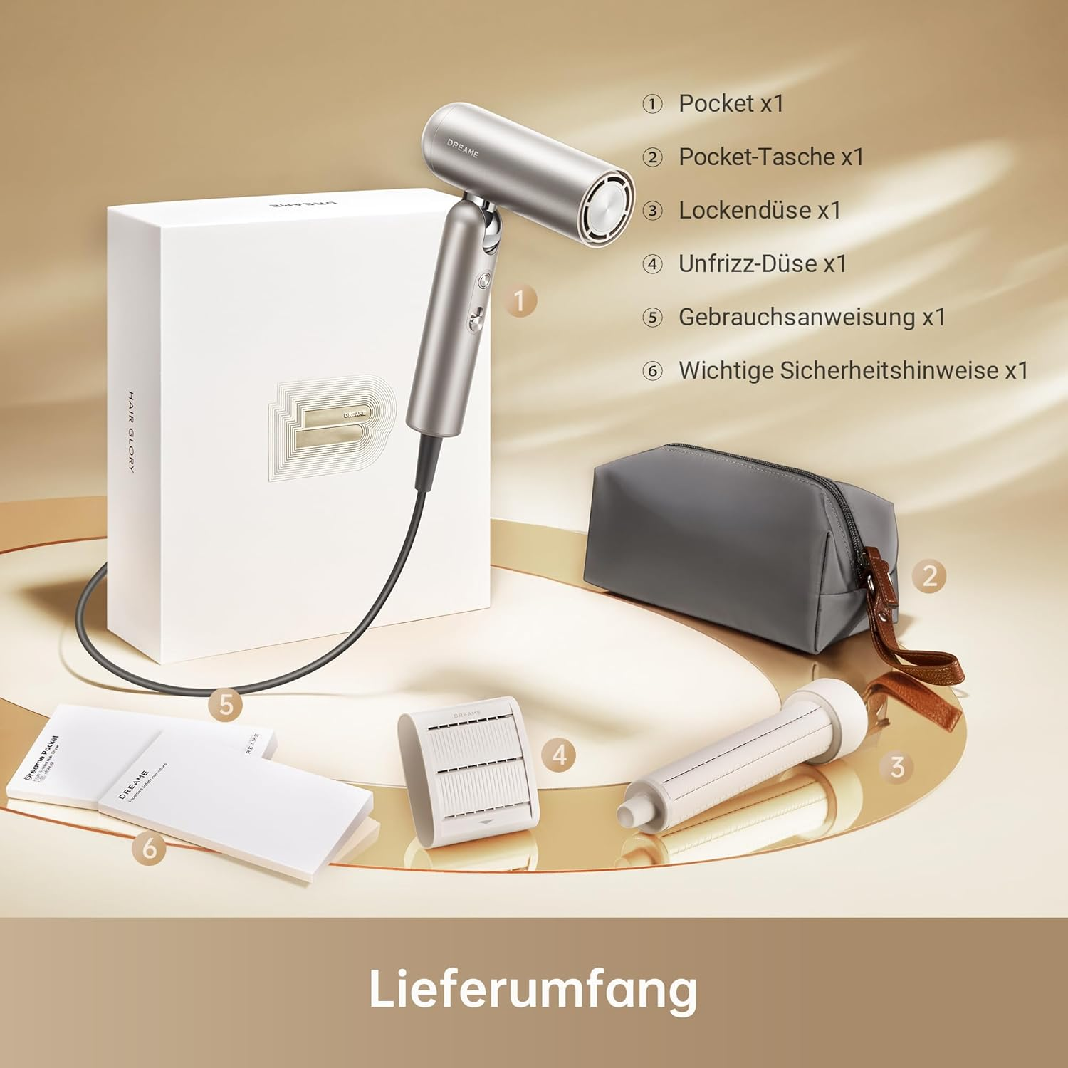Un sèche-cheveux avec accessoires dans une boîte et un sac sur fond blanc.