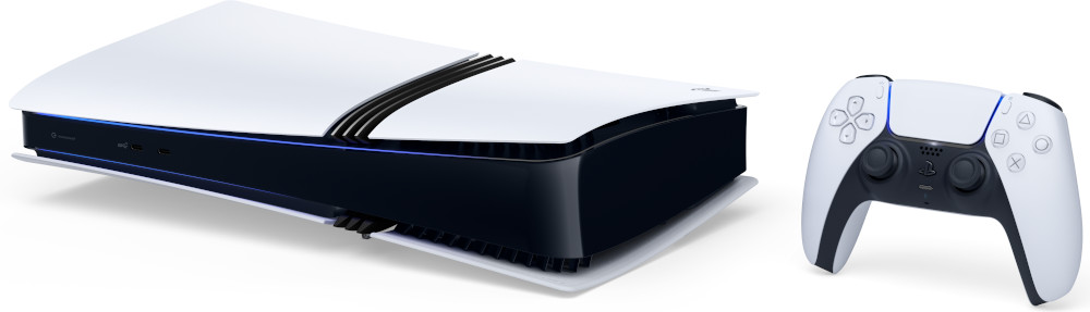 Console et manette PlayStation 5. Console et manette blanches avec des accents noirs. Fond blanc.