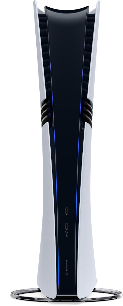 Vue verticale d'une console PlayStation 5 blanche et noire avec un socle argenté.