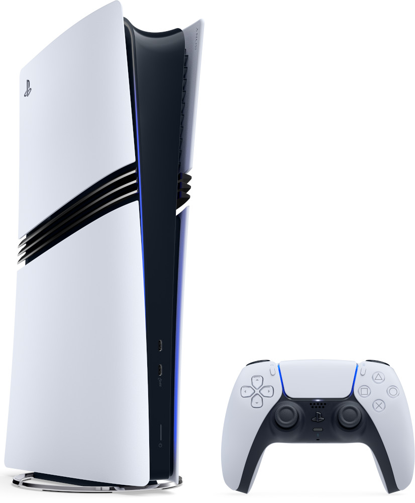 Une console PlayStation 5 blanche et une manette blanche sur fond blanc.